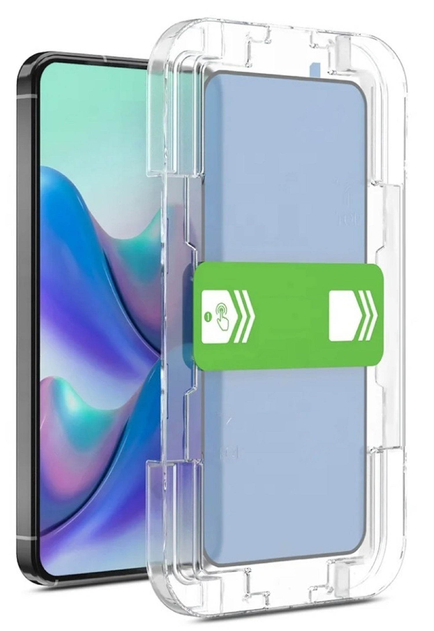 Telefon mit Displayschutz und transparentem Applikator. Weißer Hintergrund.
