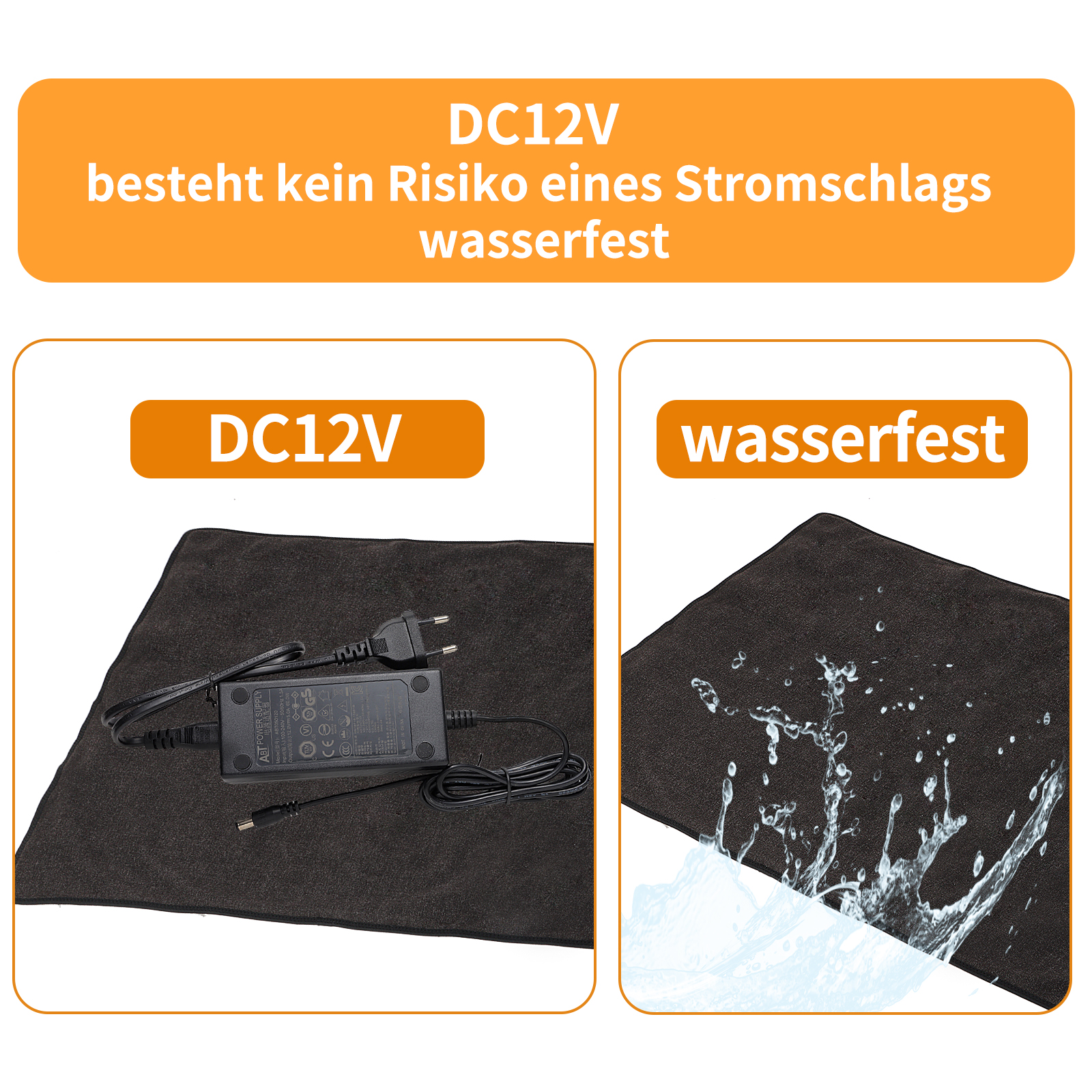 Zwei Bilder. Eines zeigt ein Netzteil und das andere einen Wasserspritzer auf schwarzem Stoff.