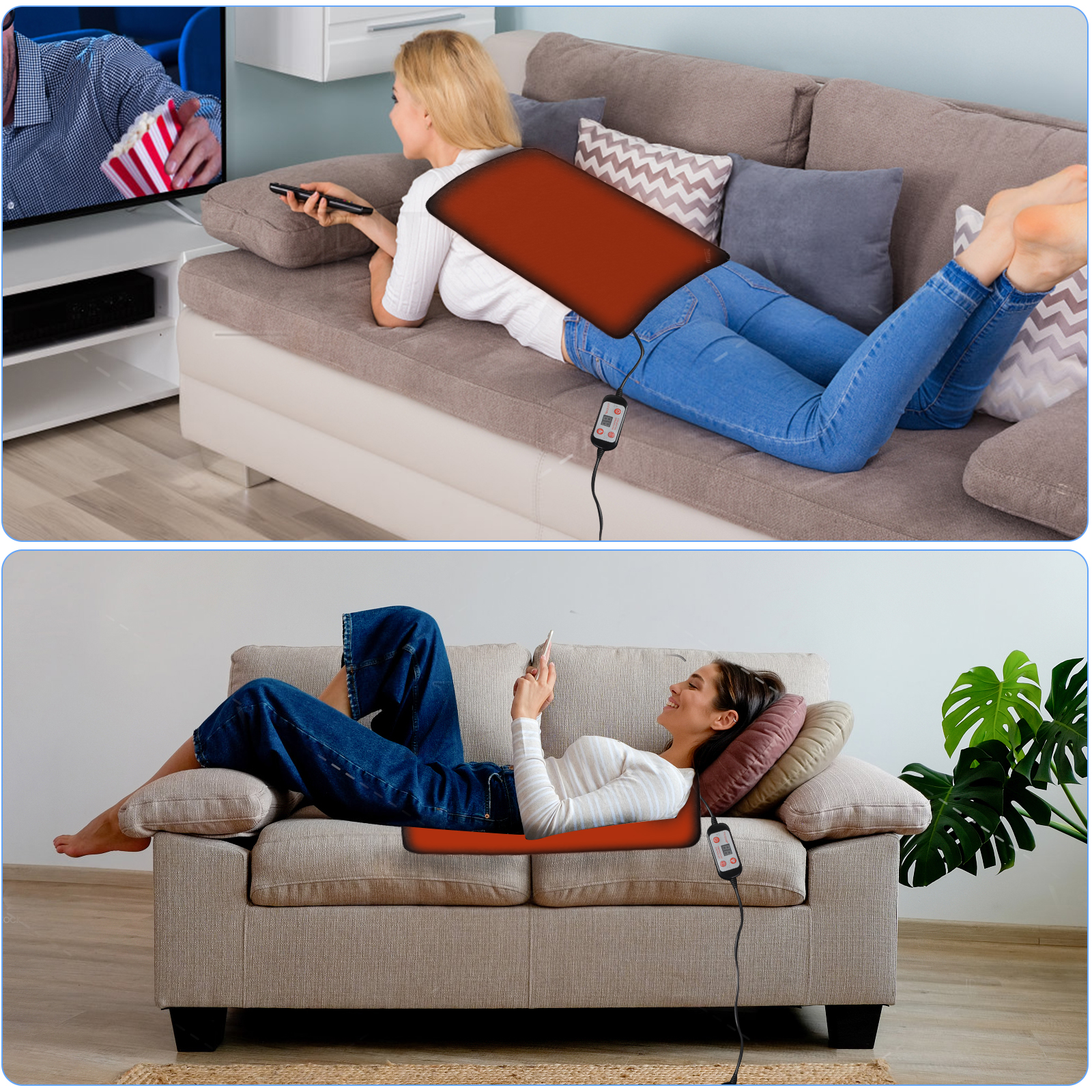 Zwei Bilder einer Frau, die ein Heizkissen auf einem Sofa benutzt.