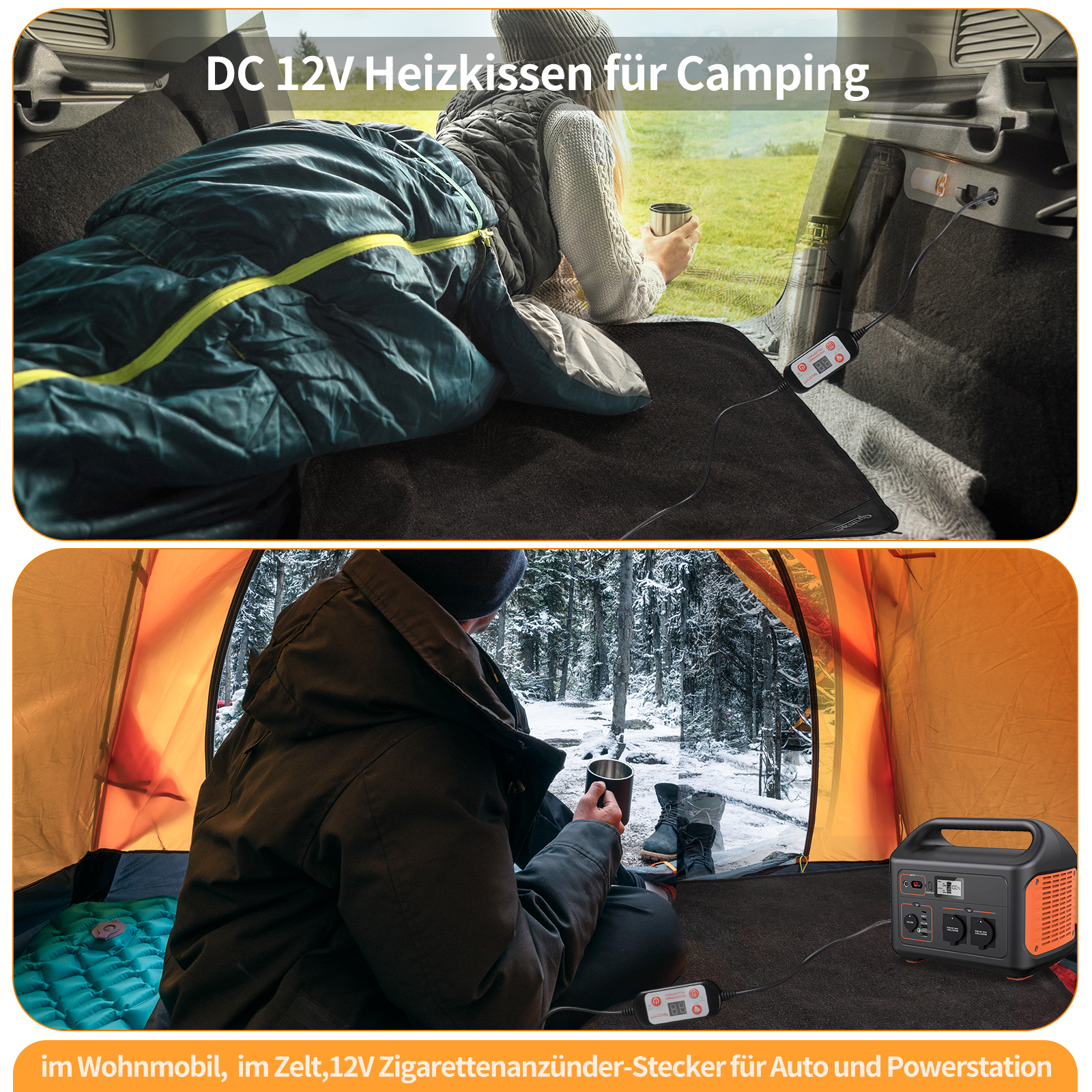 Zwei Bilder von Campingausrüstung. Schlafsack, Becher und Heizung in einem Auto und Zelt.