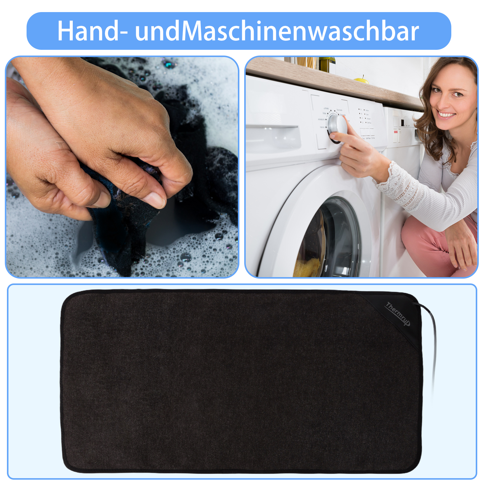 Das Bild zeigt das Waschen von Kleidung per Hand und in einer Waschmaschine. Außerdem ein schwarzes Heizkissen.