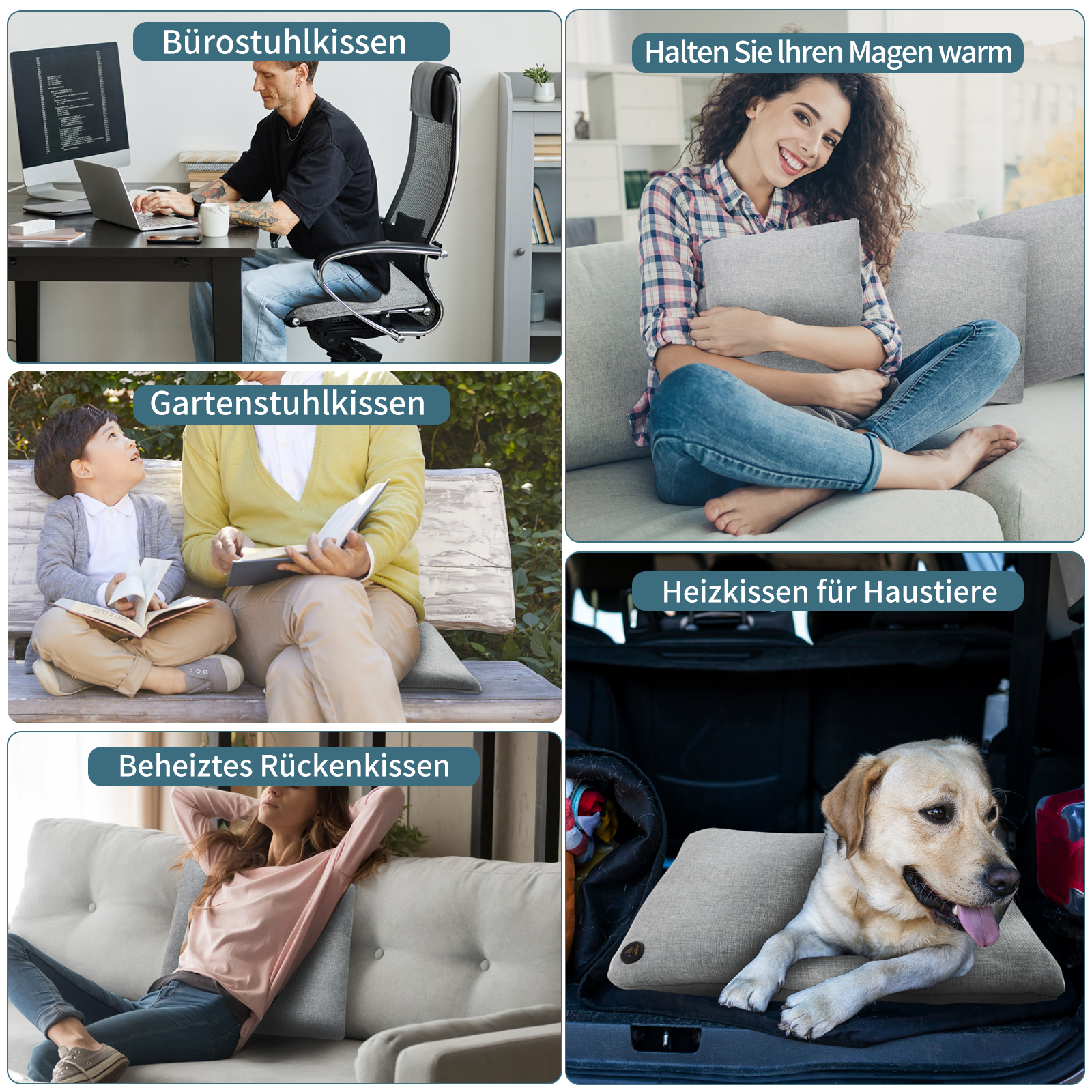 Collage von Menschen, die Kissen verwenden: am Schreibtisch, beim Entspannen, auf einer Bank und für einen Hund.