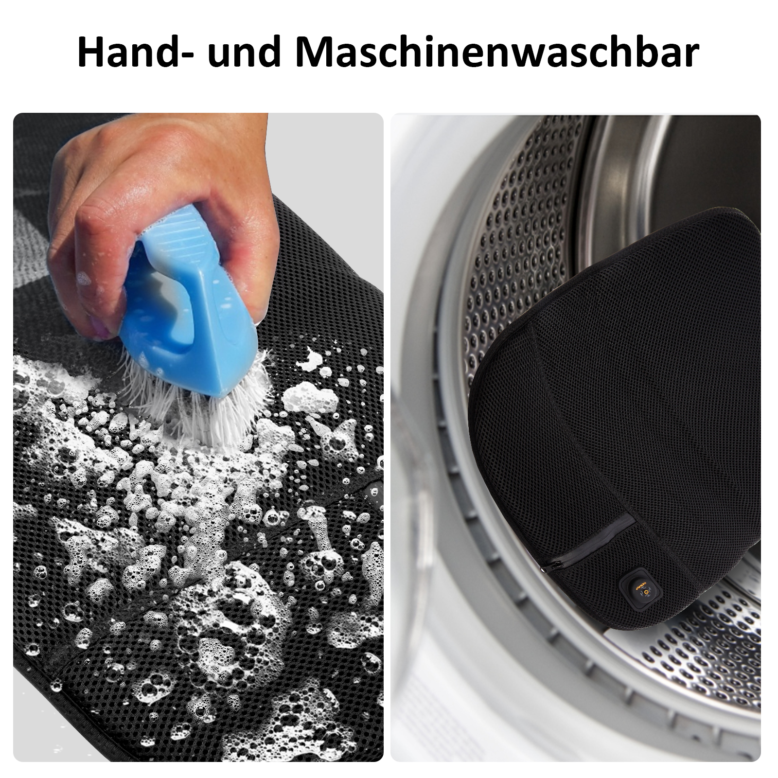 Eine Person reinigt eine schwarze Matte mit Schaum auf der linken Seite und eine Matte in einer Waschmaschine.