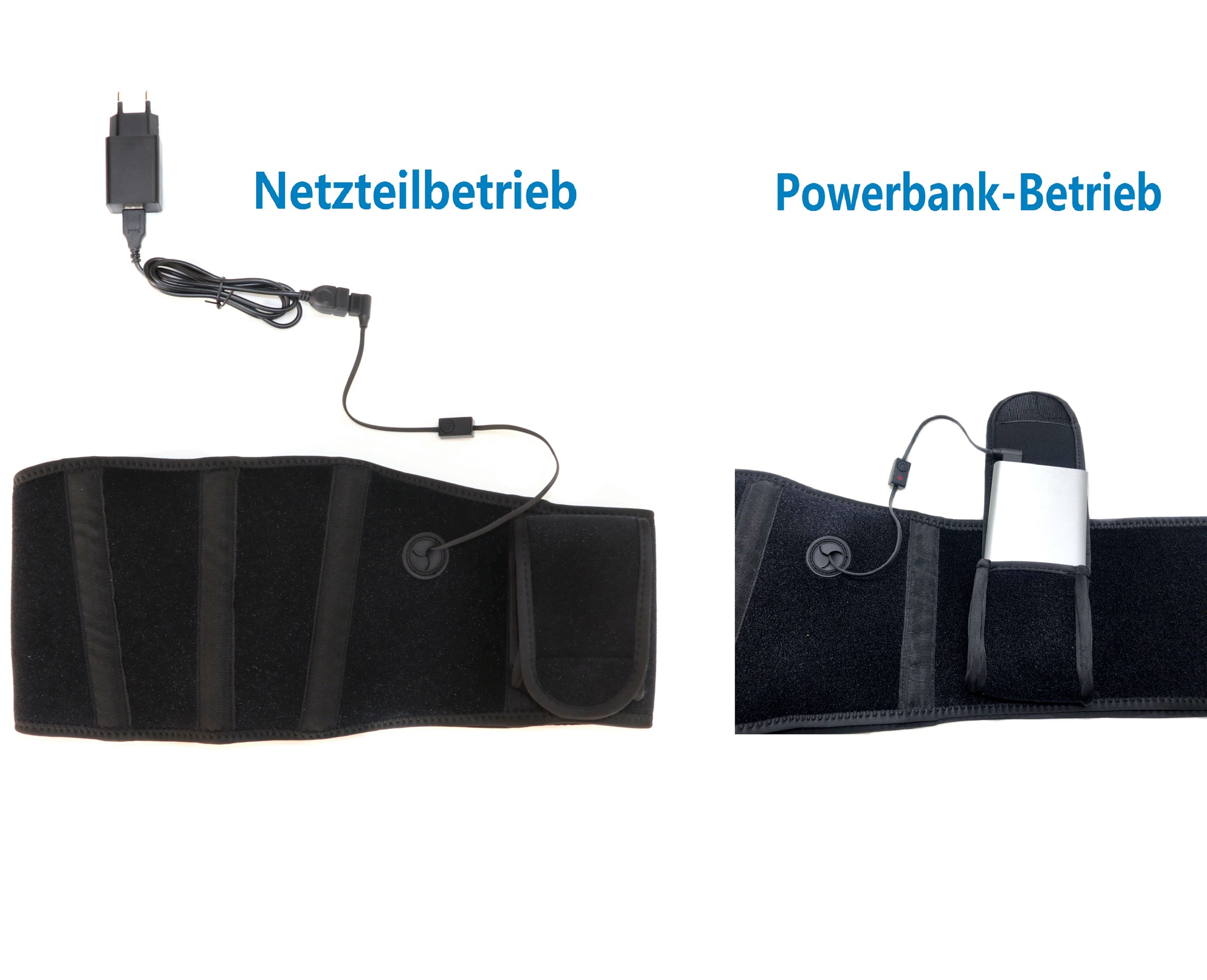 Zwei Bilder, die den Netzteilbetrieb und den Powerbank-Betrieb eines medizinischen Geräts vergleichen. Schwarz und weiß.