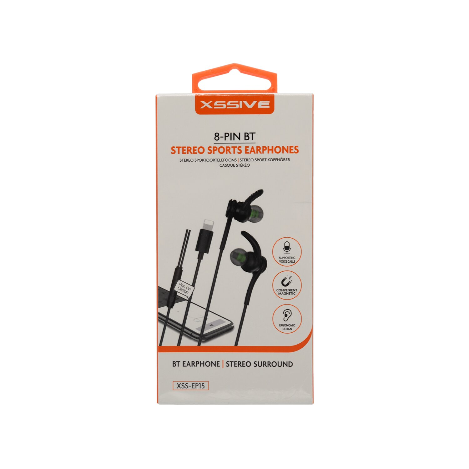 Eine Schachtel mit schwarzen Sport-Ohrhörern in weiß-orangefarbenem Design. Die Ohrhörer sind mit der Box verbunden.