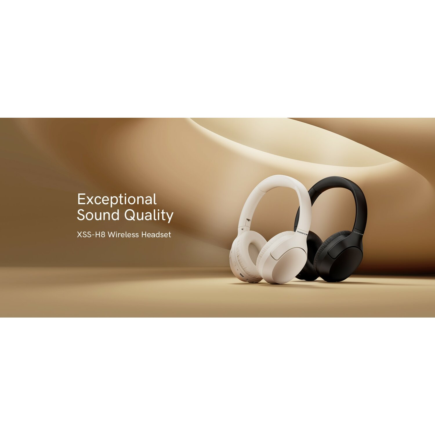 Zwei kabellose Kopfhörer, weiß und schwarz, mit Text: 'Exceptional Sound Quality'.