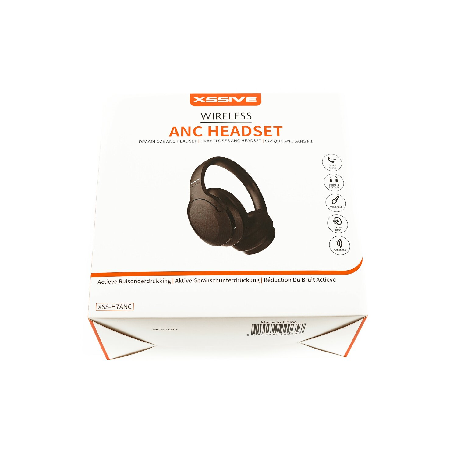 Weiße Schachtel mit drahtlosem ANC-Headset. Headset-Bild, Symbole und Text in mehreren Sprachen sind abgebildet.