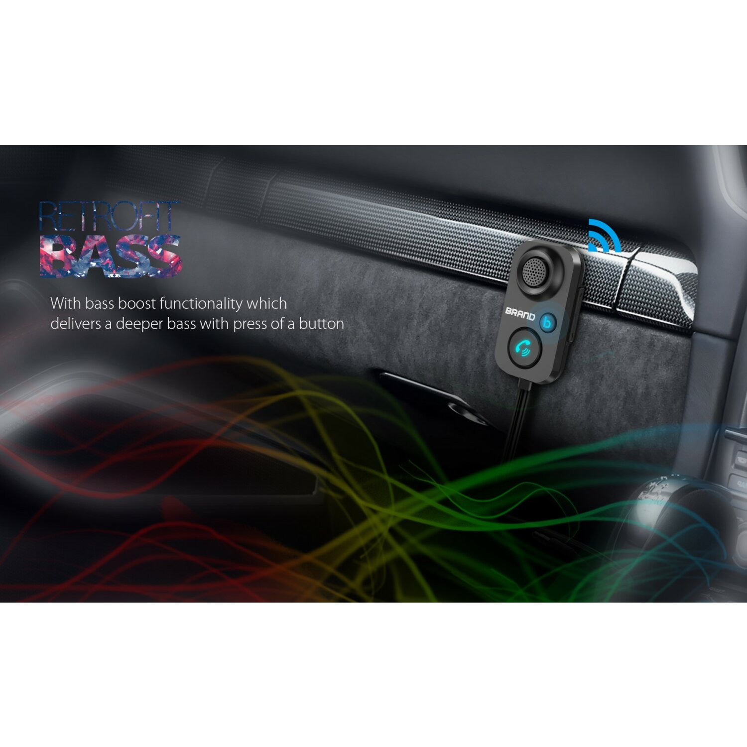 Ein Autointerieur mit einem Bass-Boost-Gerät. Text: liefert einen tieferen Bass per Knopfdruck.