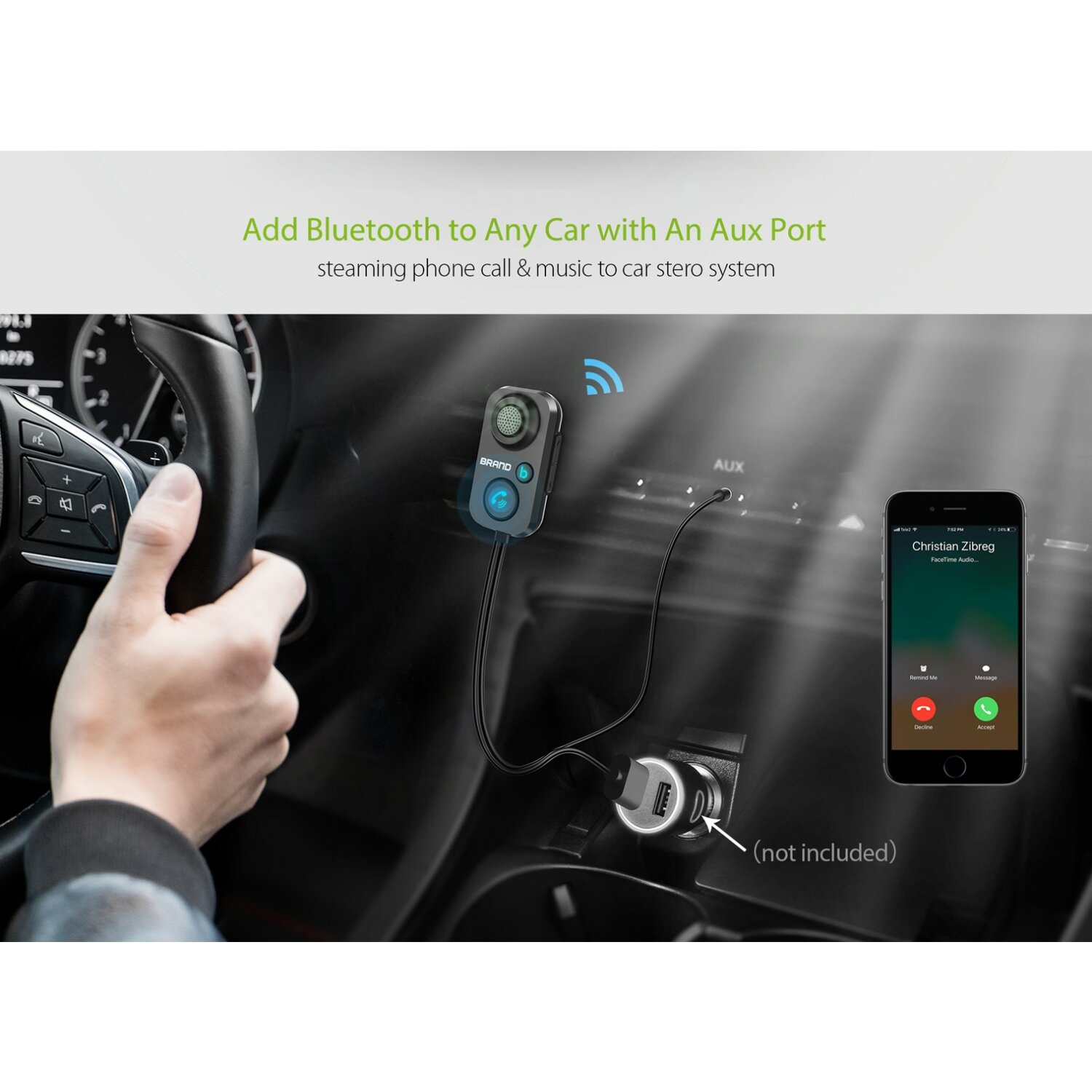 Autoinnenraum mit Bluetooth-Gerät, das an den AUX-Anschluss des Autos angeschlossen ist.