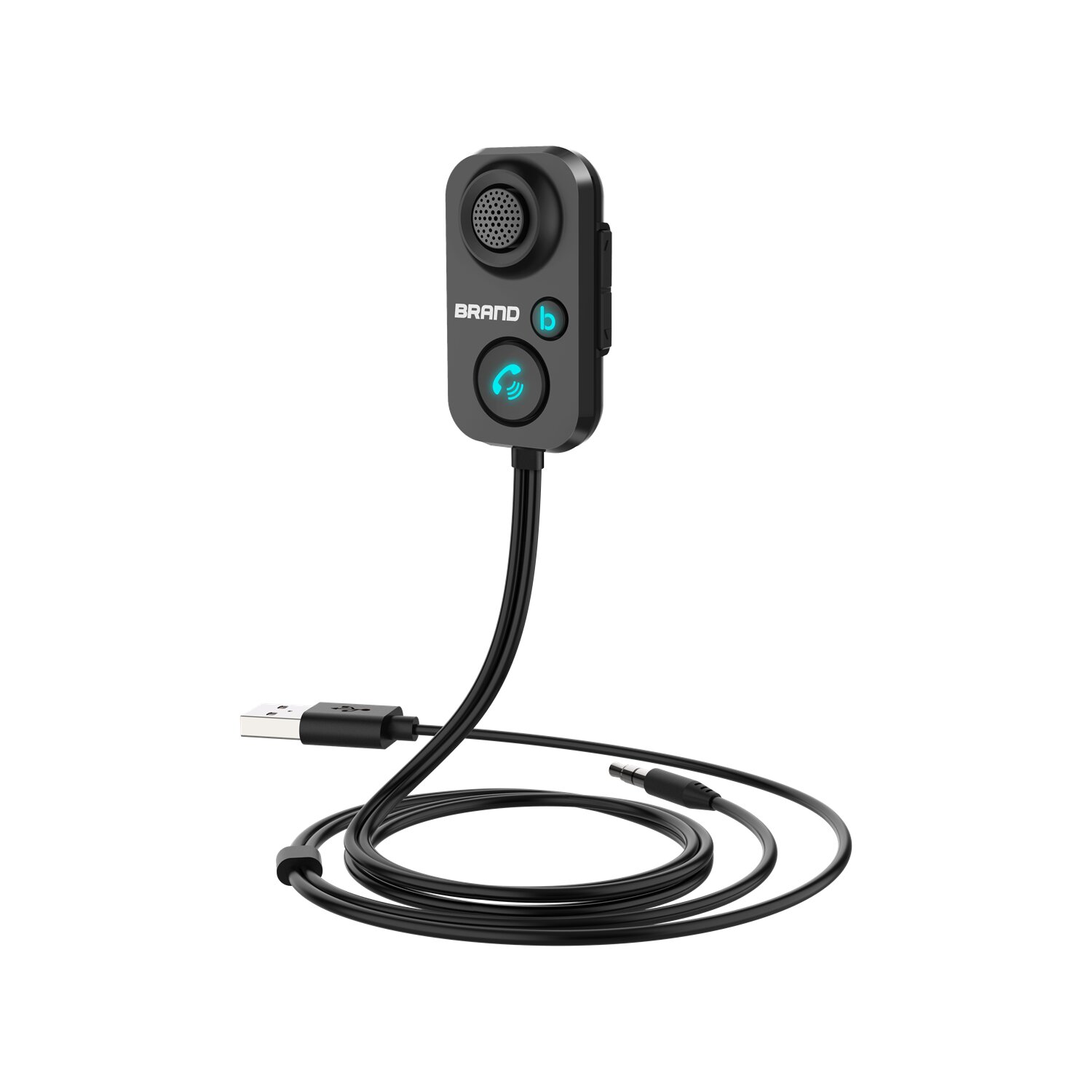 Schwarzes Bluetooth-Auto-Kit mit USB-Kabel und Aux-Kabel, vor weißem Hintergrund.