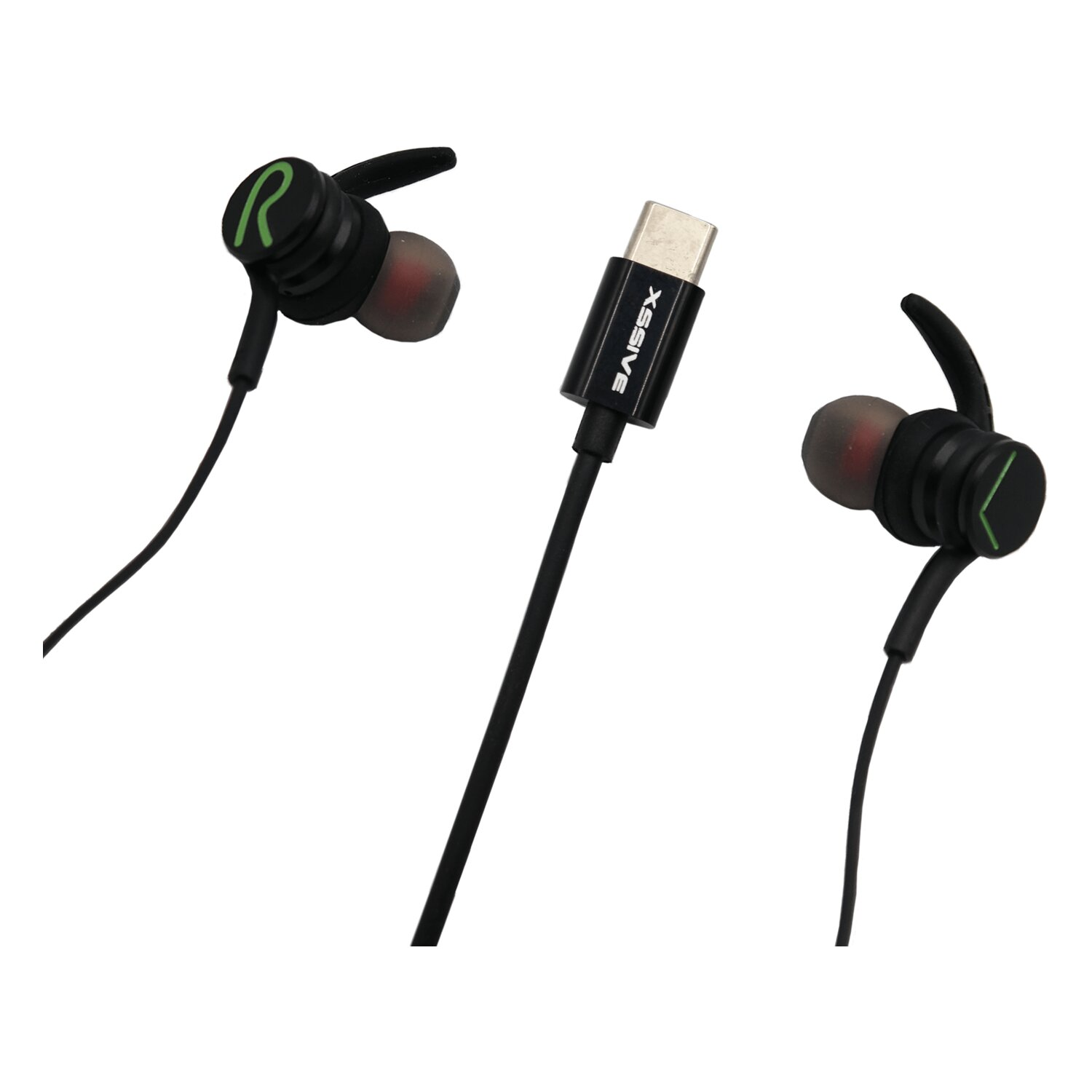Schwarze Ohrhörer mit grünen Akzenten und einem Ladekabel.