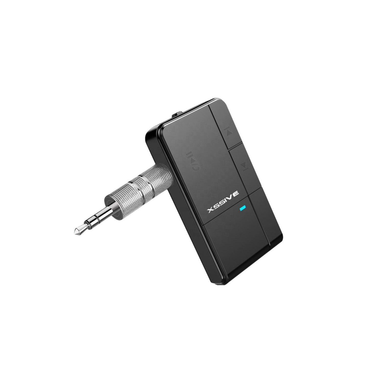 Schwarzer Bluetooth-Empfänger mit silbernem Audioanschluss. Er hat Knöpfe und eine blaue Lichtanzeige.