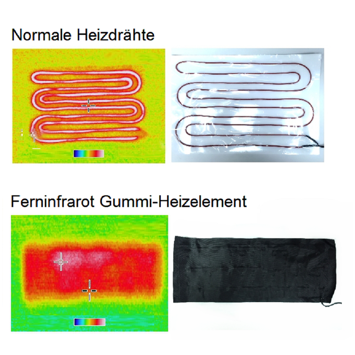 Wärmebilder und Fotos von Heizelementen. Oben: Normale Heizdrähte. Unten: Ferninfrarot-Element.