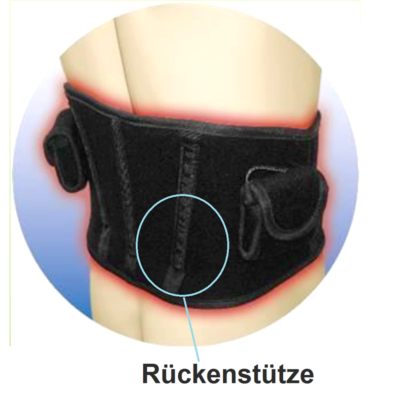Eine schwarze Rückenstütze mit Kreis, beschriftet mit: Rückentütze.