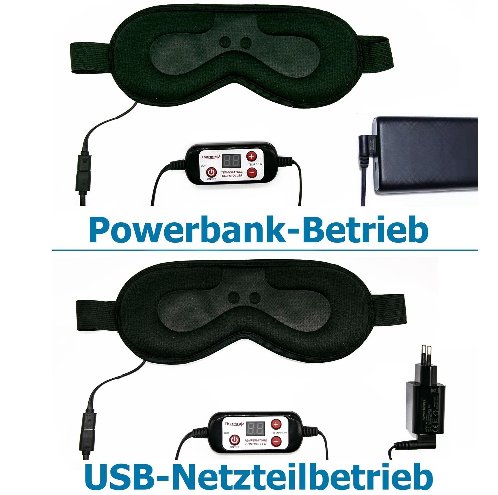 Zwei Augenmasken mit Controller und Ladegerät. Ein Set wird von Powerbank, das andere von USB betrieben.