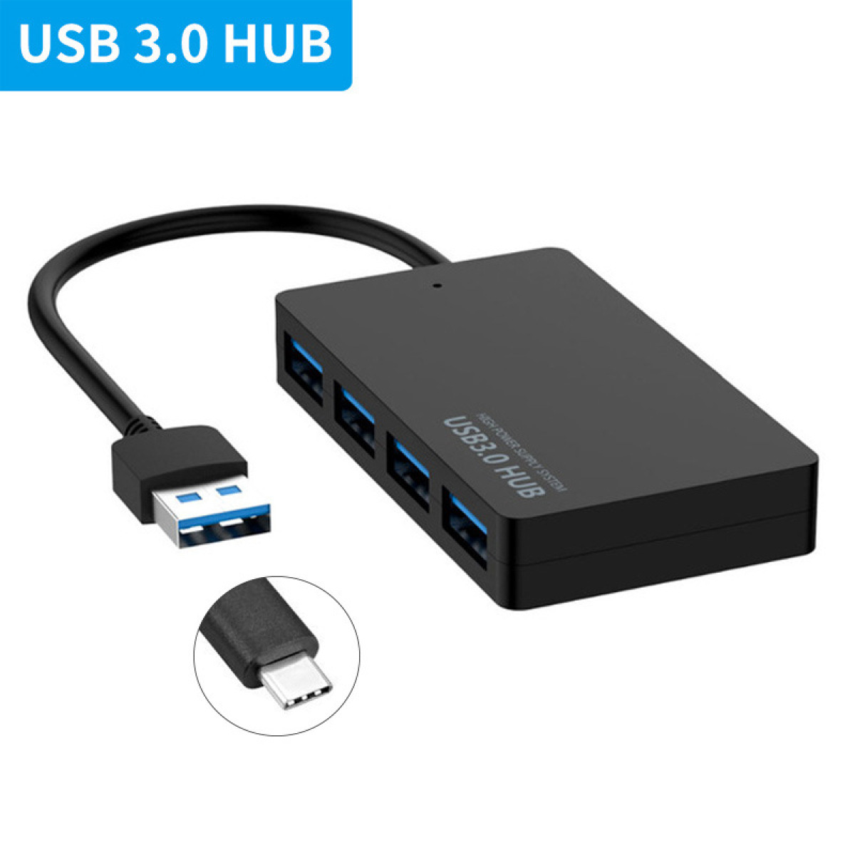 Schwarzer USB 3.0-Hub mit blauem USB-Anschluss und mehreren USB-Anschlüssen.