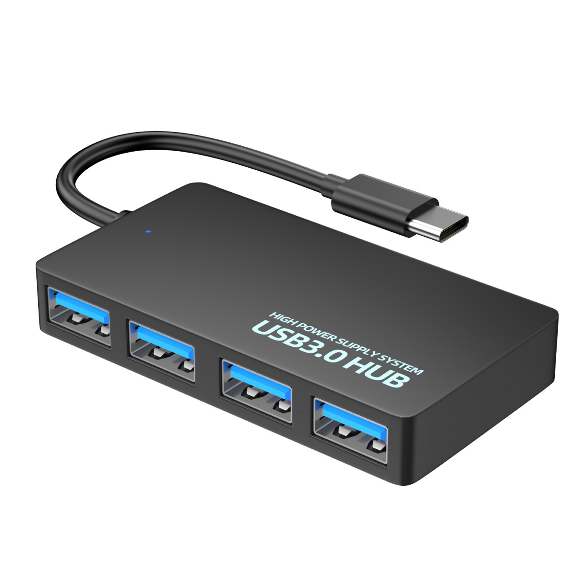 Ein schwarzer USB 3.0-Hub mit vier Anschlüssen und einem USB-C-Anschluss, beschriftet mit „USB3.0 HUB“.