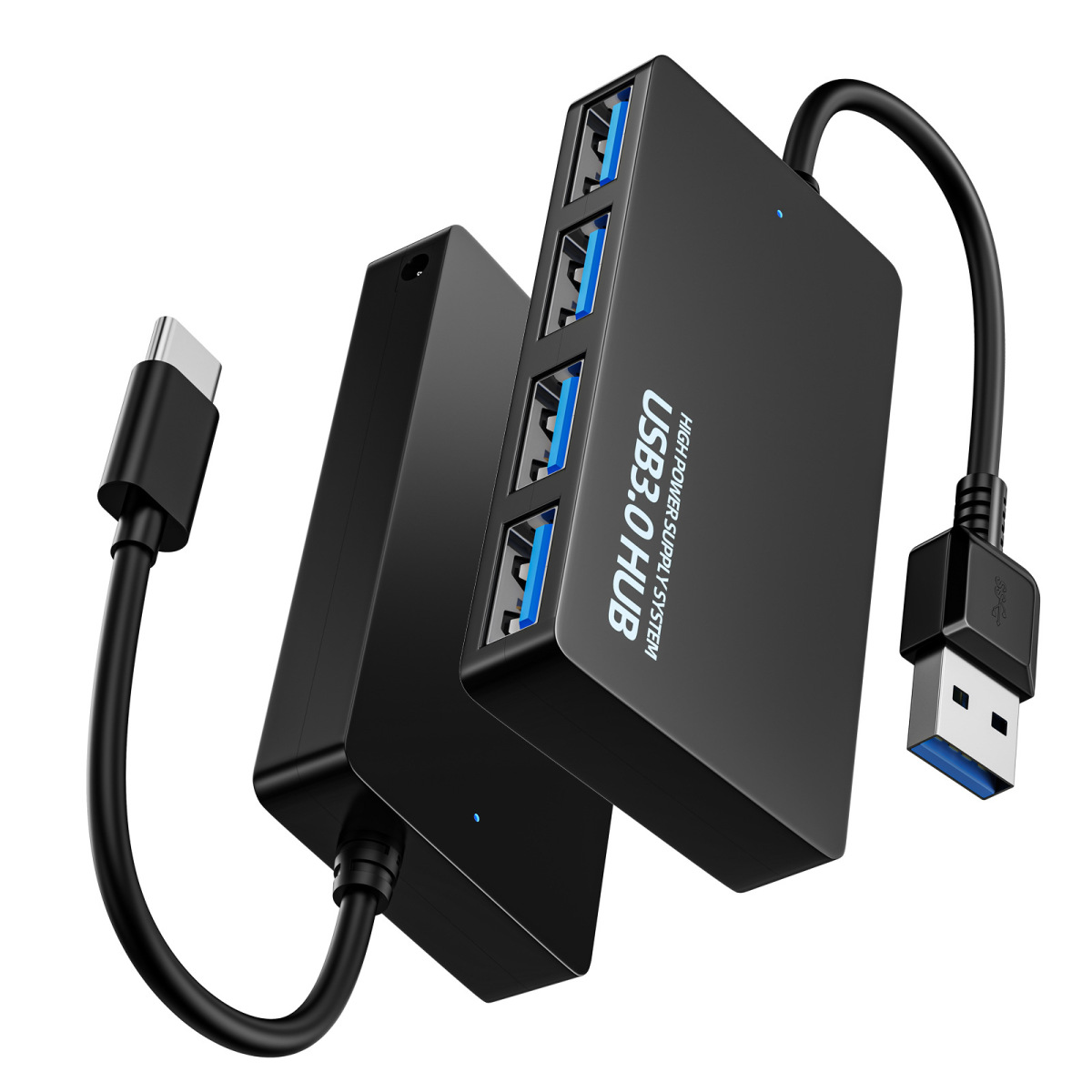 Ein schwarzer USB 3.0-Hub mit vier Anschlüssen und angeschlossenen Kabeln.