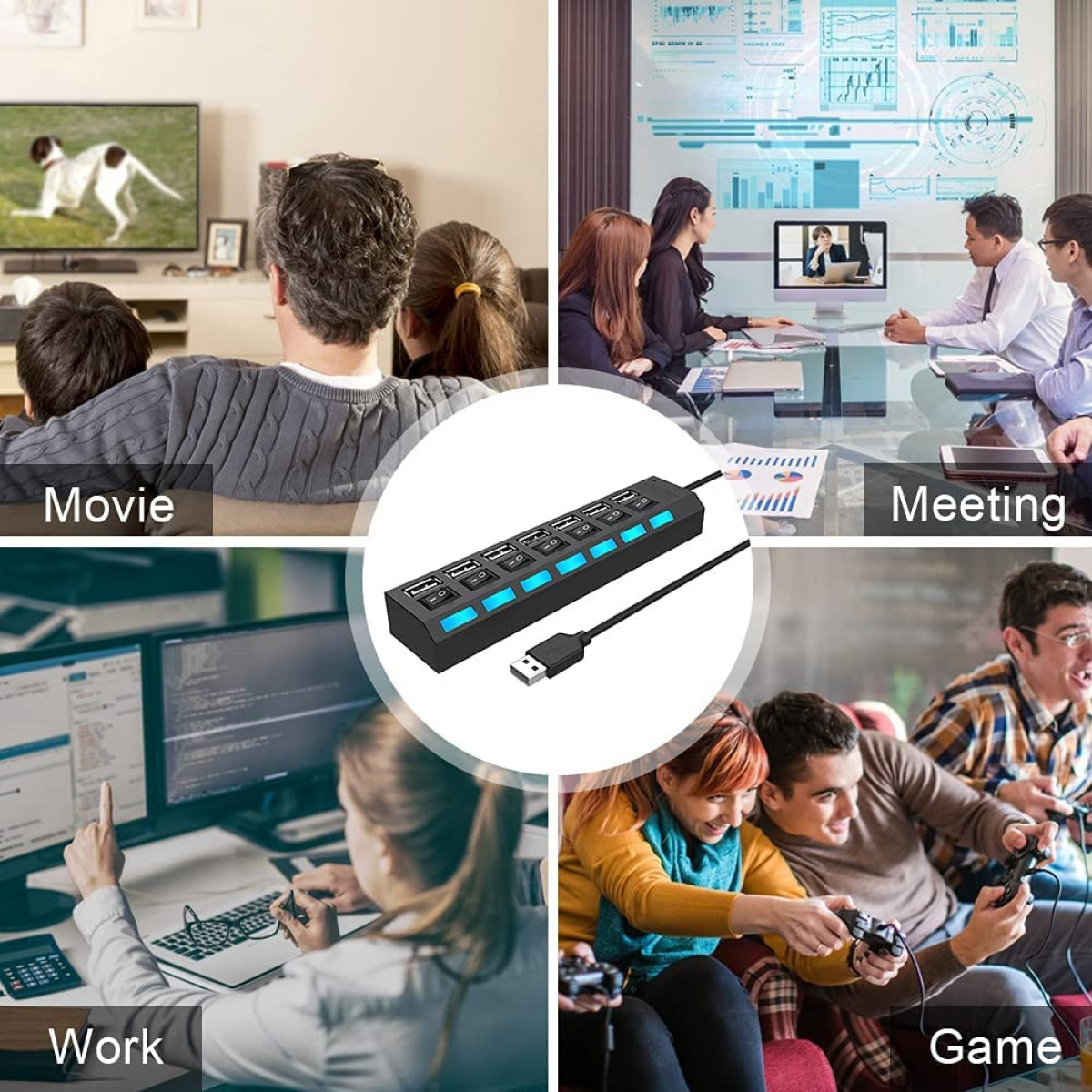 Eine Collage von Bildern, die Menschen zeigen, die einen USB-Hub verwenden: Filme schauen, arbeiten, spielen und treffen.