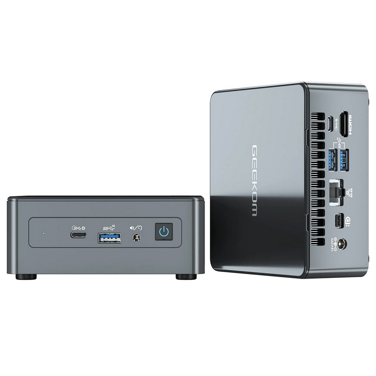 Zwei Mini-Computer, grau. Einer von vorne, der andere seitlich mit Anschlüssen.