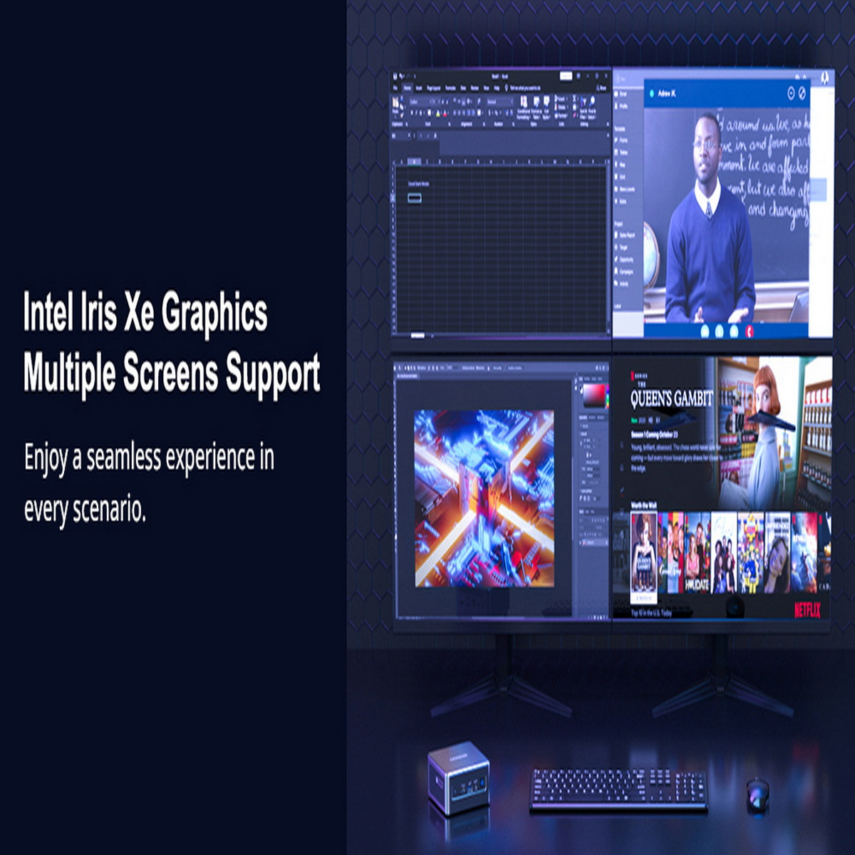 Mehrere Bildschirme zeigen verschiedene Oberflächen. Text sagt Intel Iris Xe Graphics.