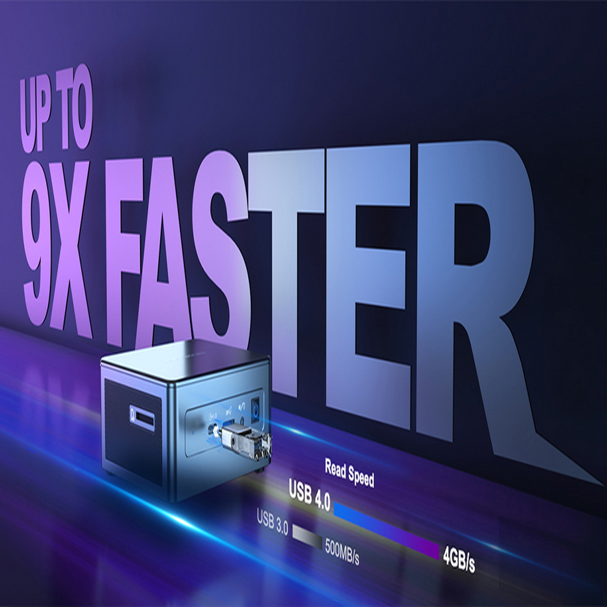 Ein silberner und schwarzer Mini-Computer mit eingestecktem USB-Laufwerk, Text: "Up to 9x Faster".