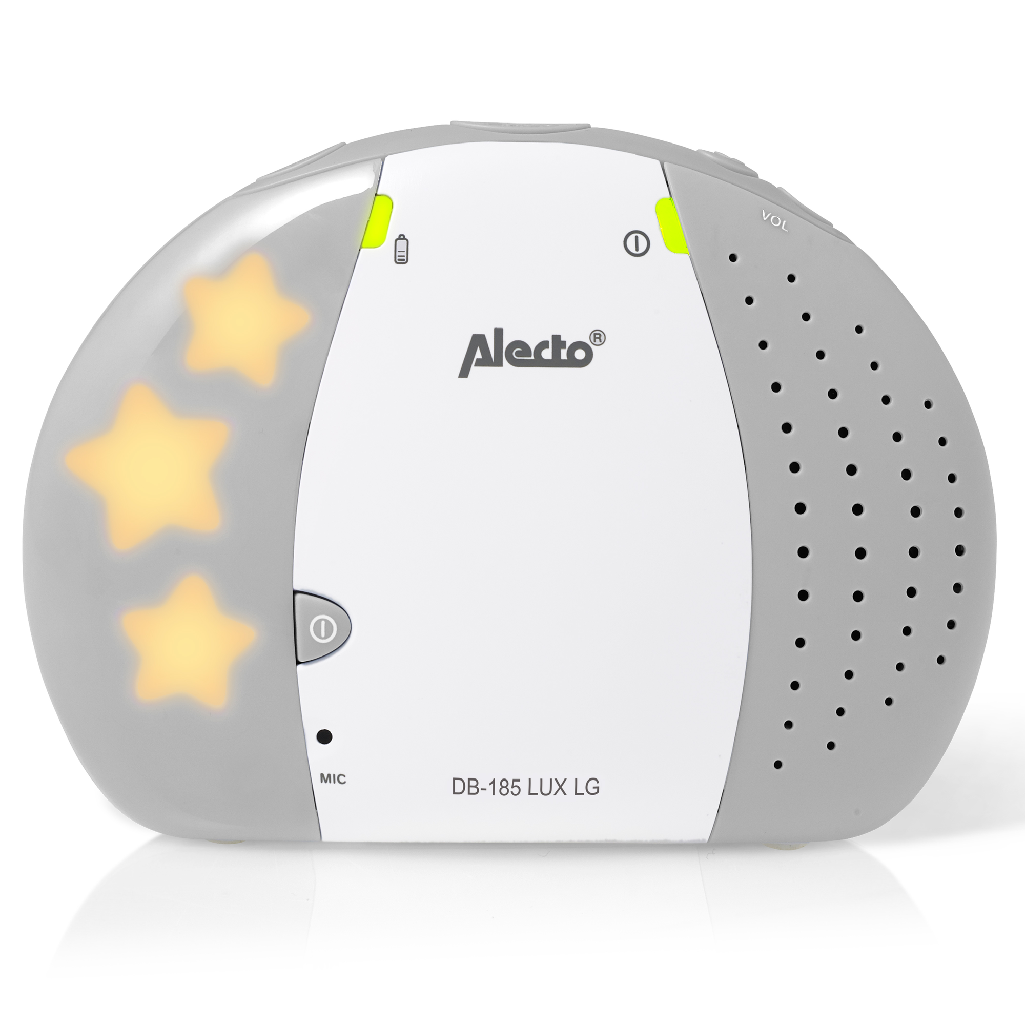 White and grey baby monitor with three yellow stars on the side. The brand name is Alecto.