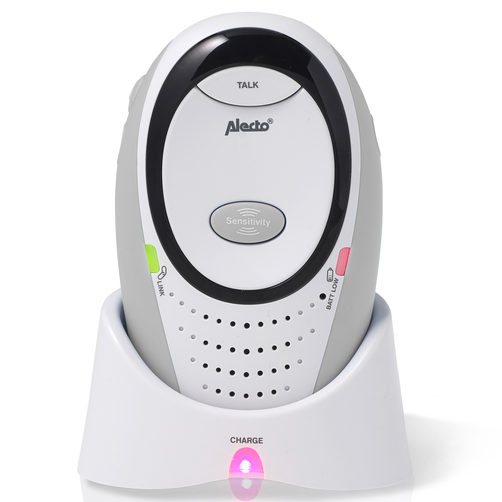 A baby monitor base with a monitor on top. It is white and gray with buttons.