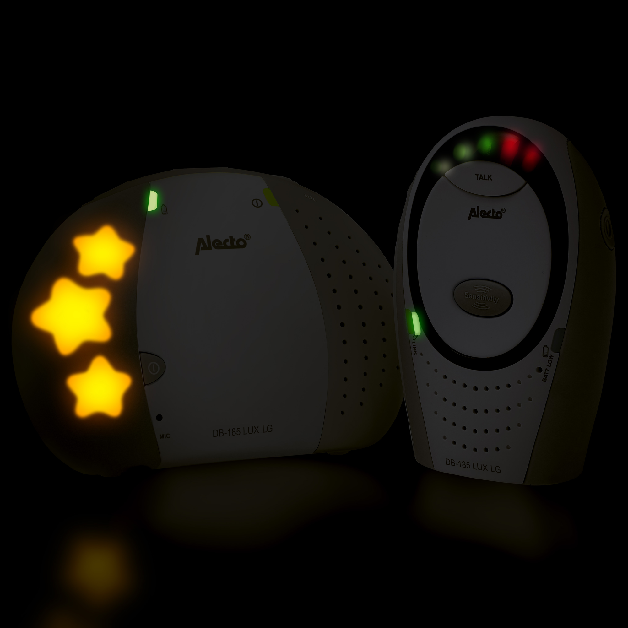 Alecto baby monitor set with two units, and star lights.