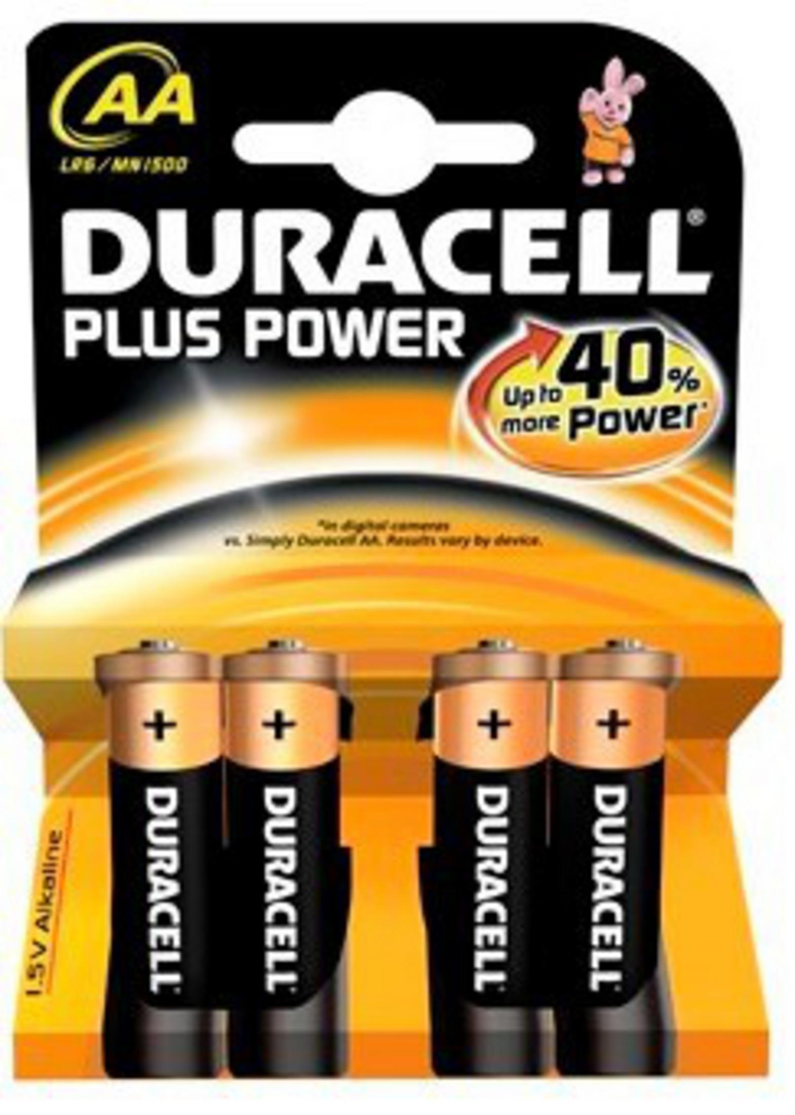 Opakowanie czterech baterii Duracell Plus Power AA w blistrze z tekstem i marką.