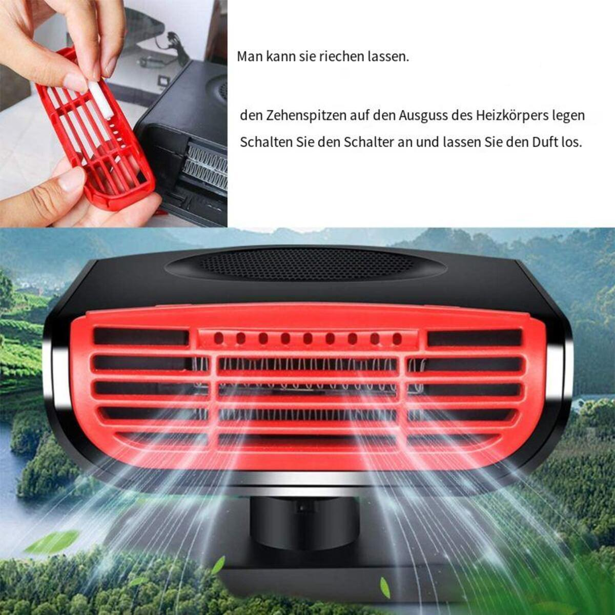 Autoheizung mit roter Front, schwarzem Körper und Lüfterblättern auf grüner Landschaft.