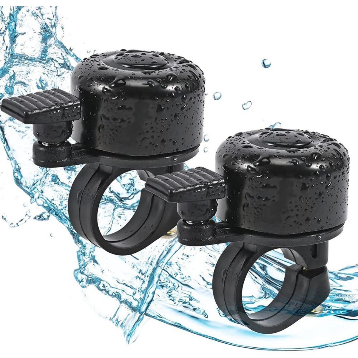 Zwei schwarze Fahrradklingeln mit Wassertropfen, vor einem Hintergrund aus Wasserspritzern.
