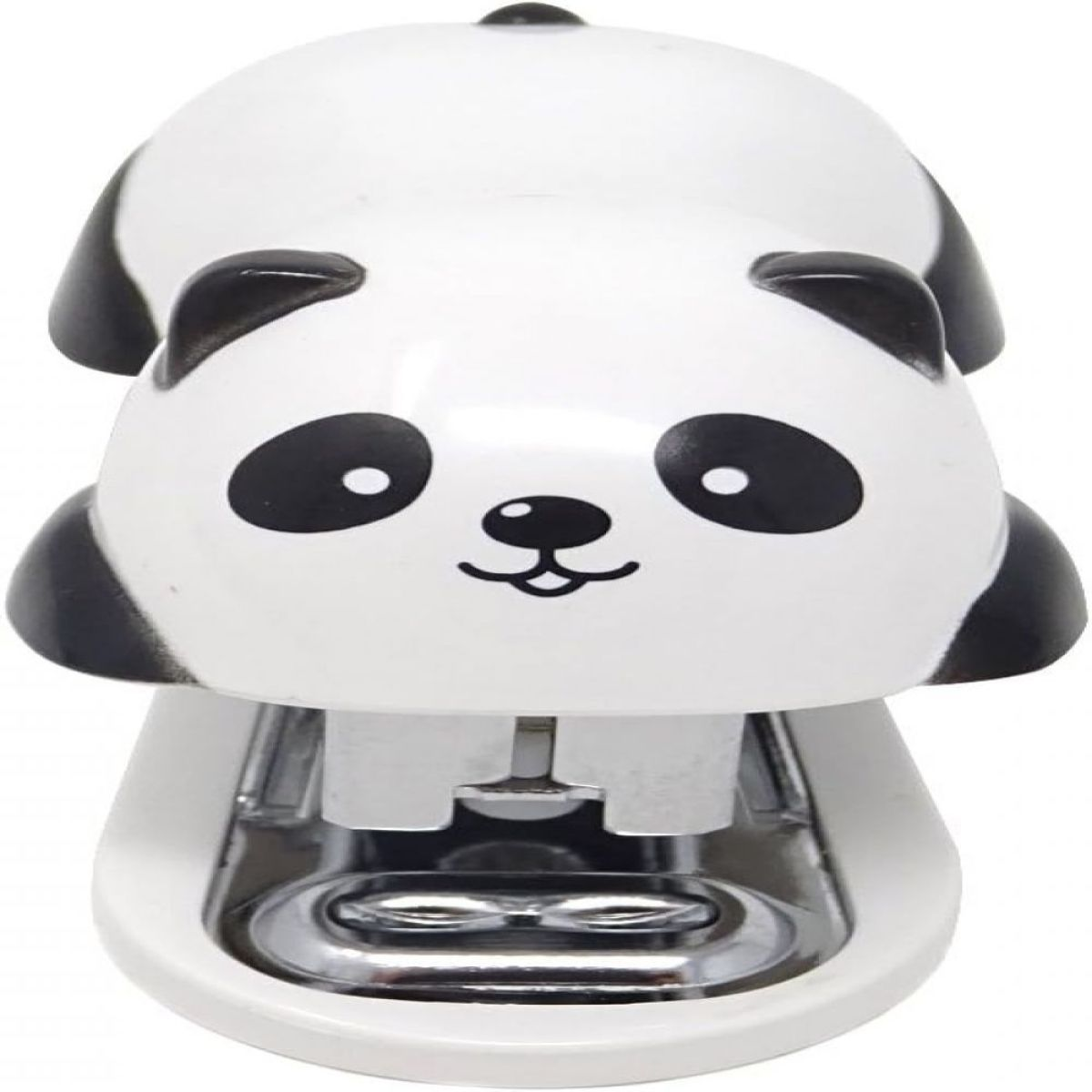 Ein Panda-förmiger Tacker, weiß mit schwarzen Akzenten, mit einem lächelnden Gesicht. Es hat eine silberne Basis.