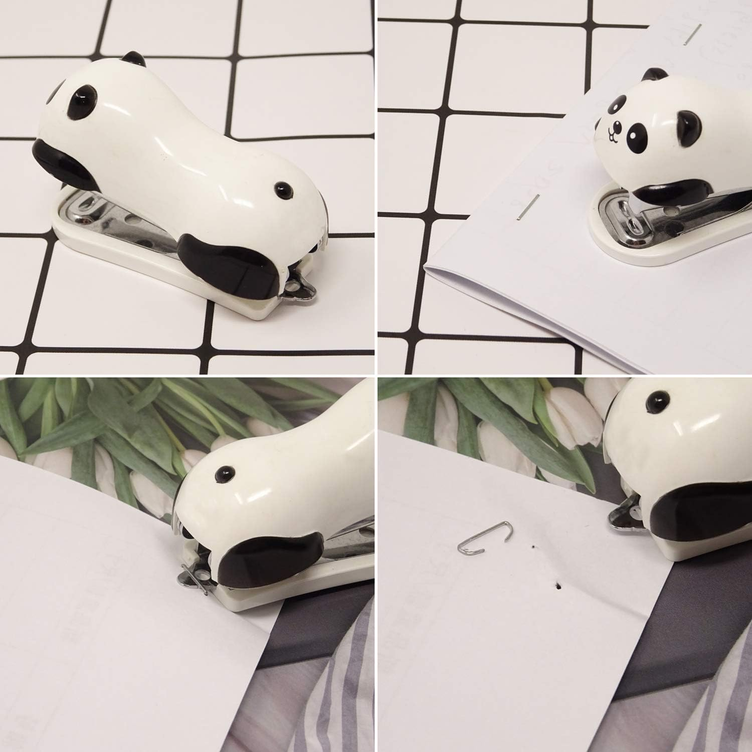 Weißer Panda-Hefter, Heften von Papieren, Nahaufnahmen.