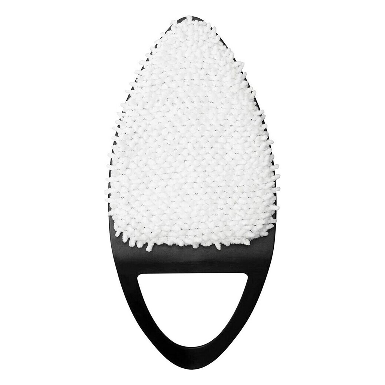 Czarna i biała szczoteczka do czyszczenia twarzy. Szczoteczka ma uchwyt i powierzchnię czyszczącą.