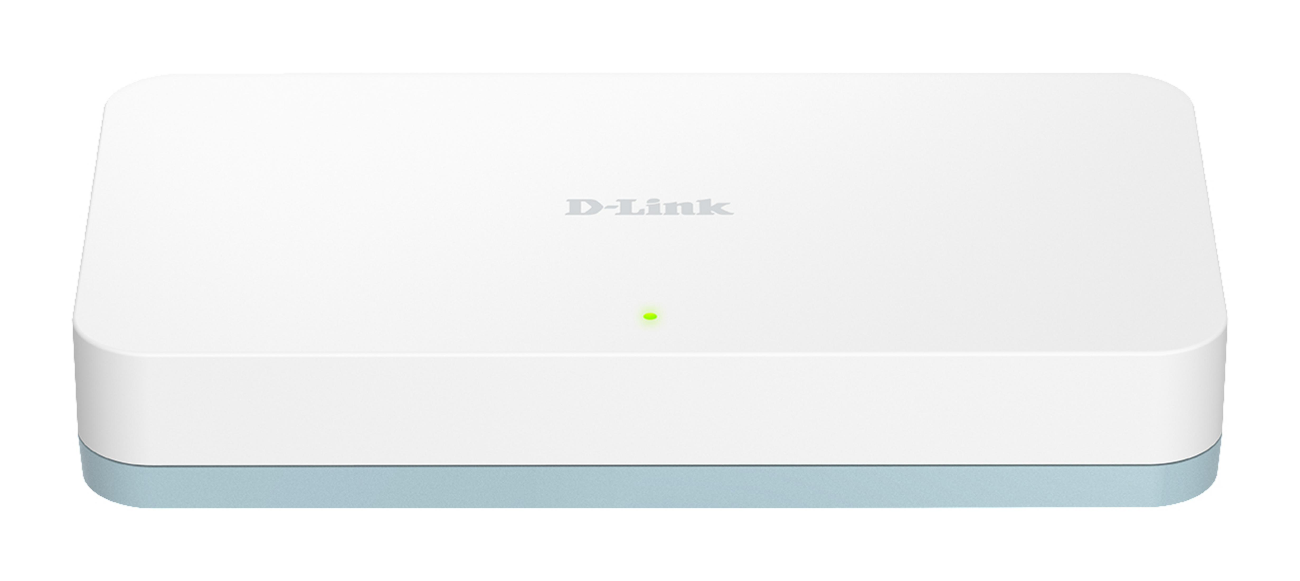 Weißes D-Link Netzwerkgerät. Grünes Licht auf der Vorderseite. Rechteckige Form mit hellblauem Sockel.