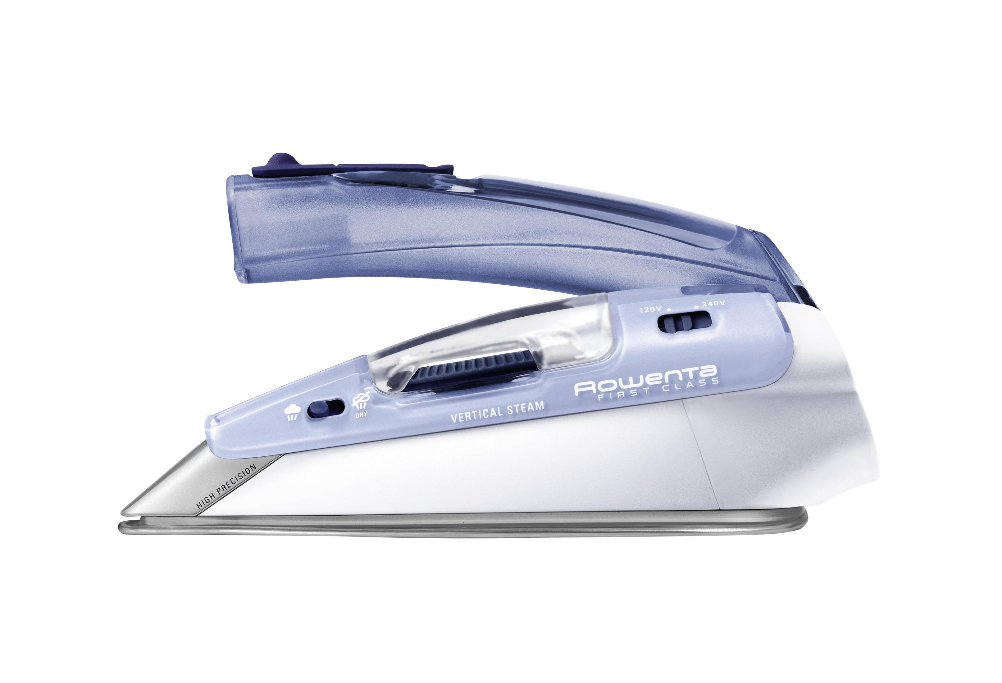 Białe i niebieskie żelazko. Napis 'Rowenta FIRST CLASS'. Wyróżniona funkcja Vertical Steam.