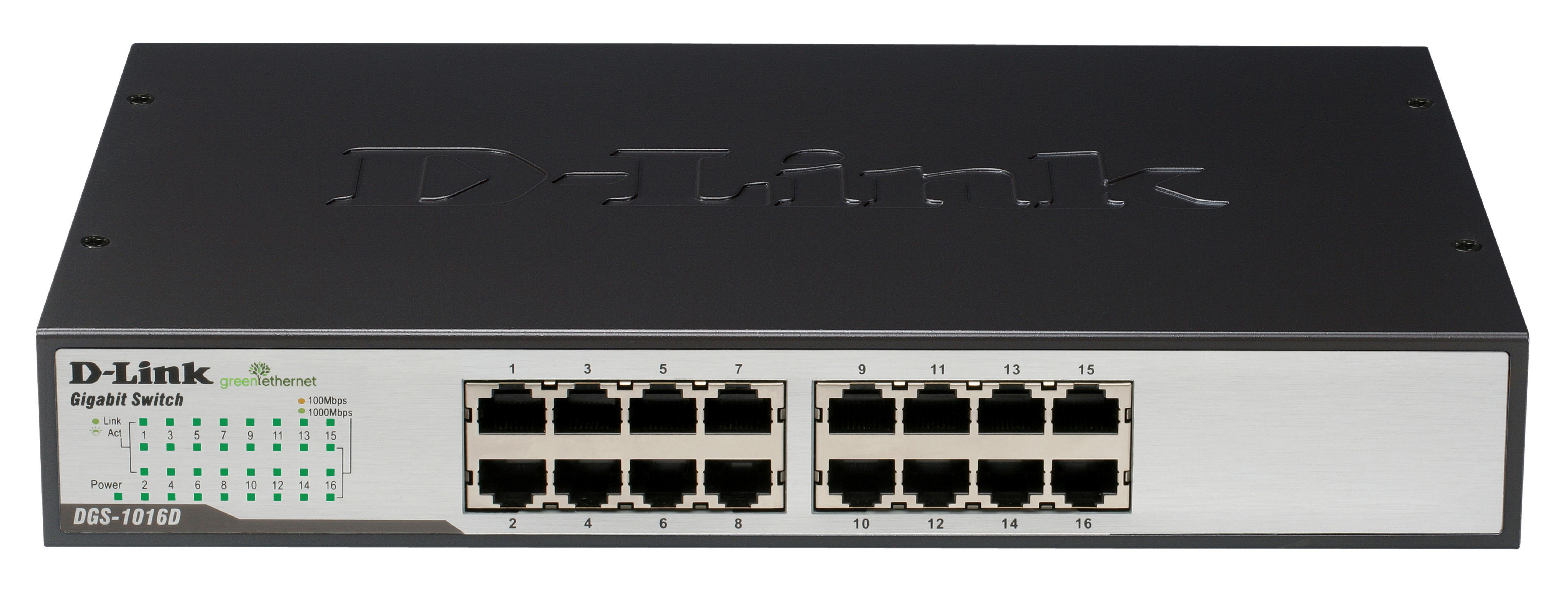 Uno switch Gigabit D-Link nero con porte e indicatori.