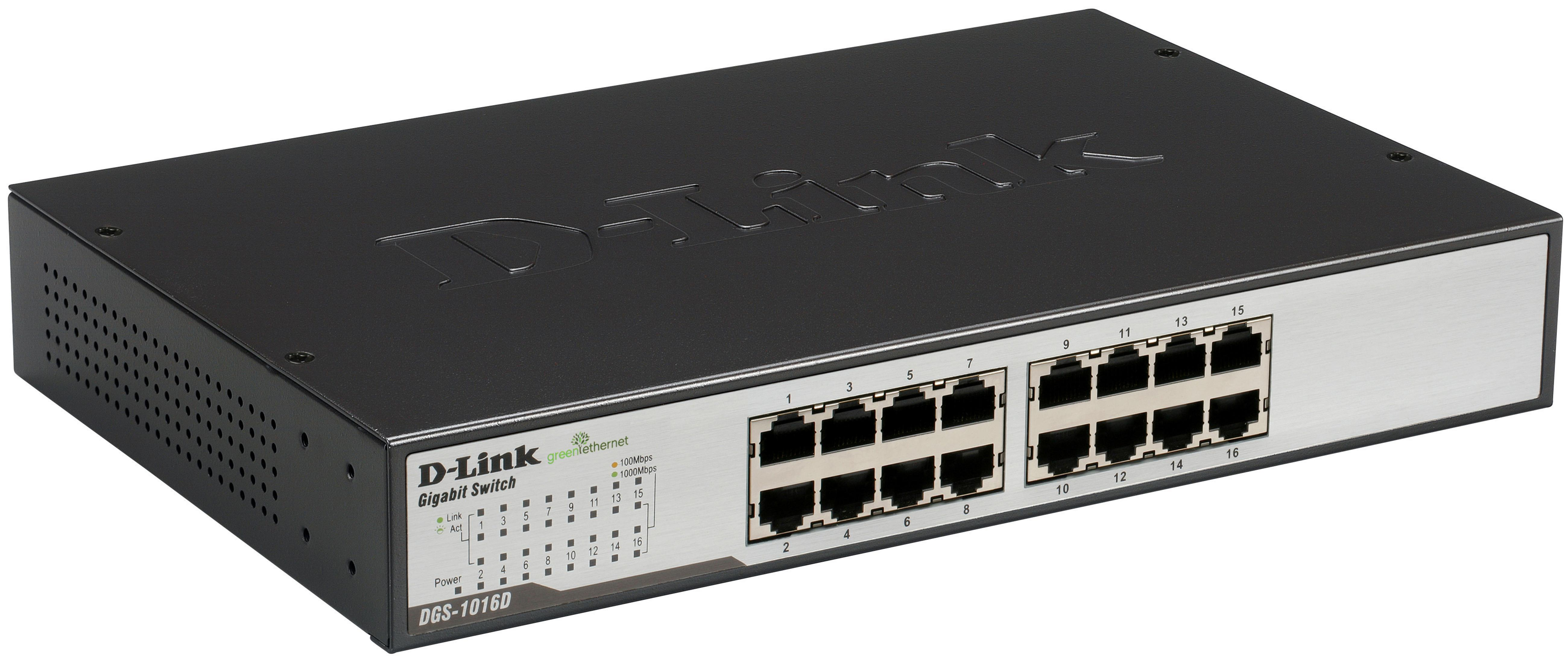 Switch Gigabit D-Link. Nero e argento. La parte anteriore ha porte, etichette e LED.