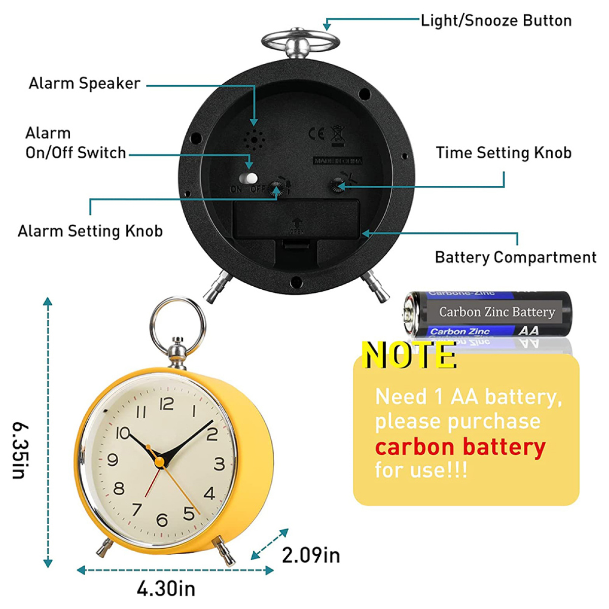 Gelber Wecker mit schwarzen Details. Enthält Batteriefach und Textbeschriftungen. Zeigt Abmessungen und Batterien.