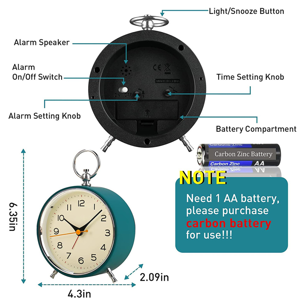 Türkisfarbener Wecker, Teile beschriftet. Batterie, Einstellknöpfe, Licht/Schlummer, Alarm-Lautsprecher.