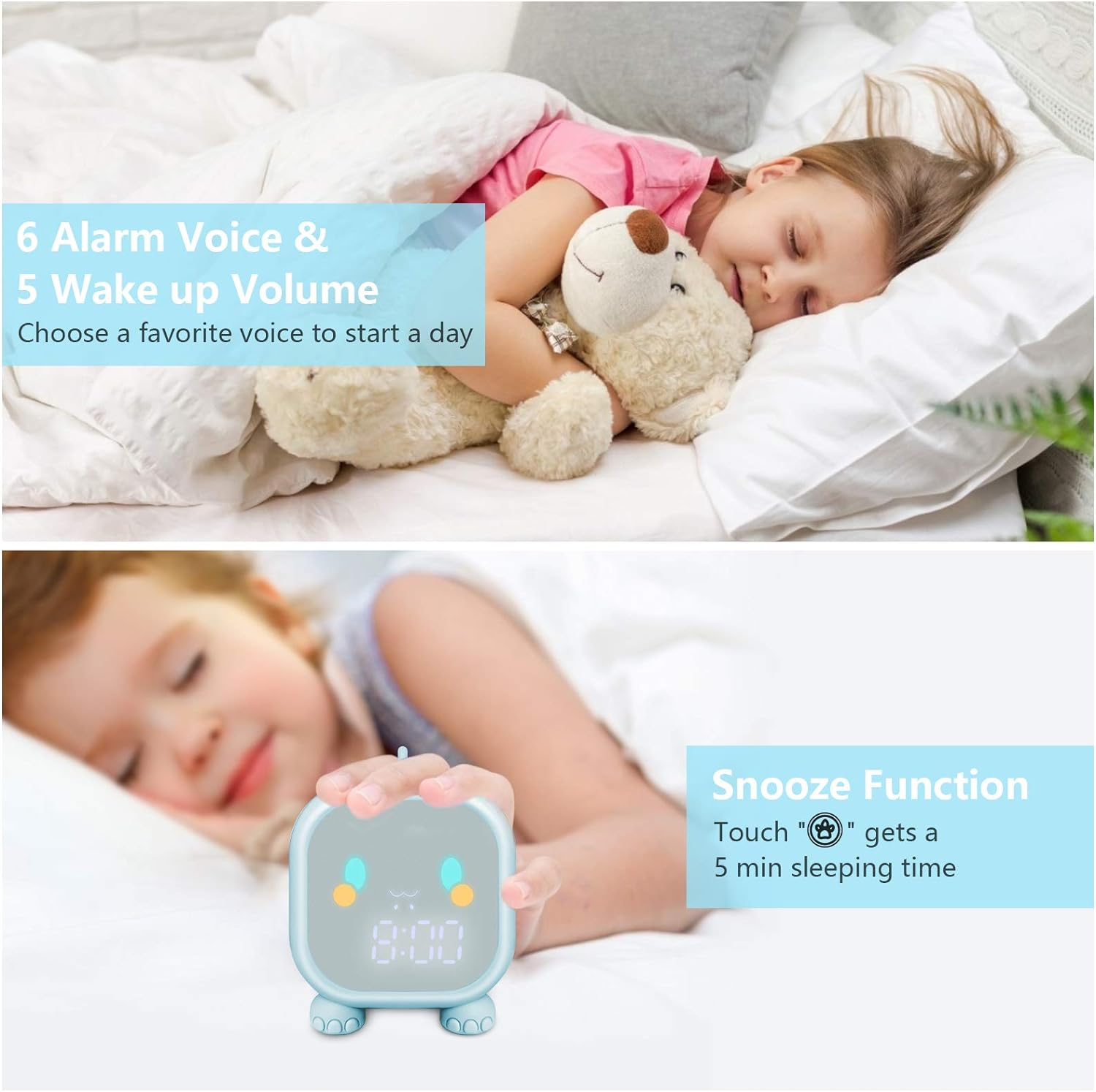 Ein Kind, das mit einem Teddybären schläft, und ein digitaler Wecker eines Kindes, der 8:00 Uhr anzeigt. Text über Weckfunktionen.