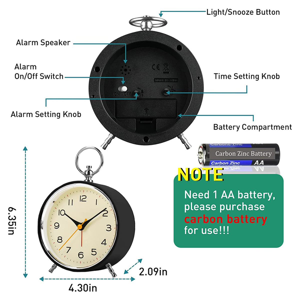 Schwarzer Wecker mit Beschriftungen. Batteriefach, Weckschalter und Einstellknopf sind sichtbar.