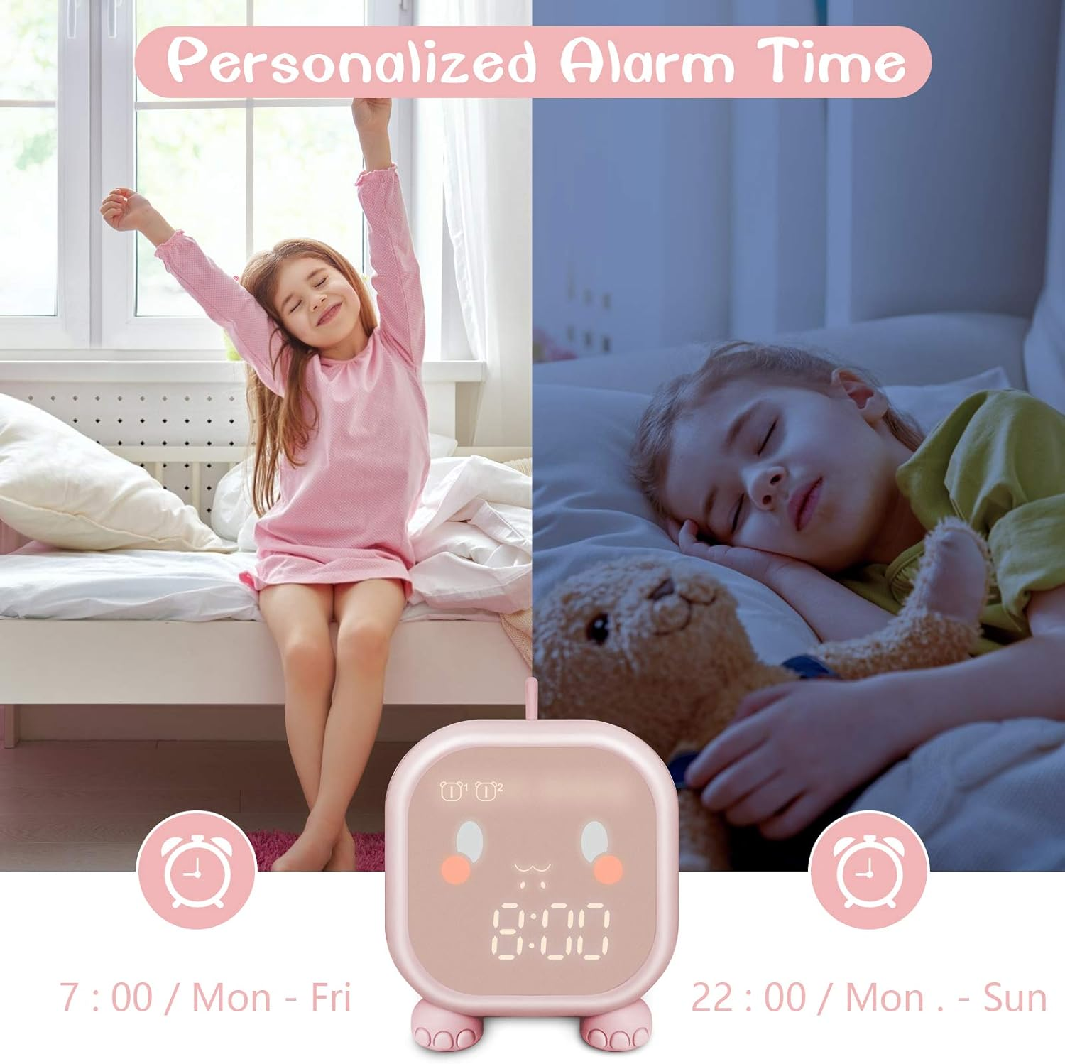 Mädchen wacht auf und schläft. Wecker zeigt 8:00 Uhr an. Text: Personalisierte Weckzeit.