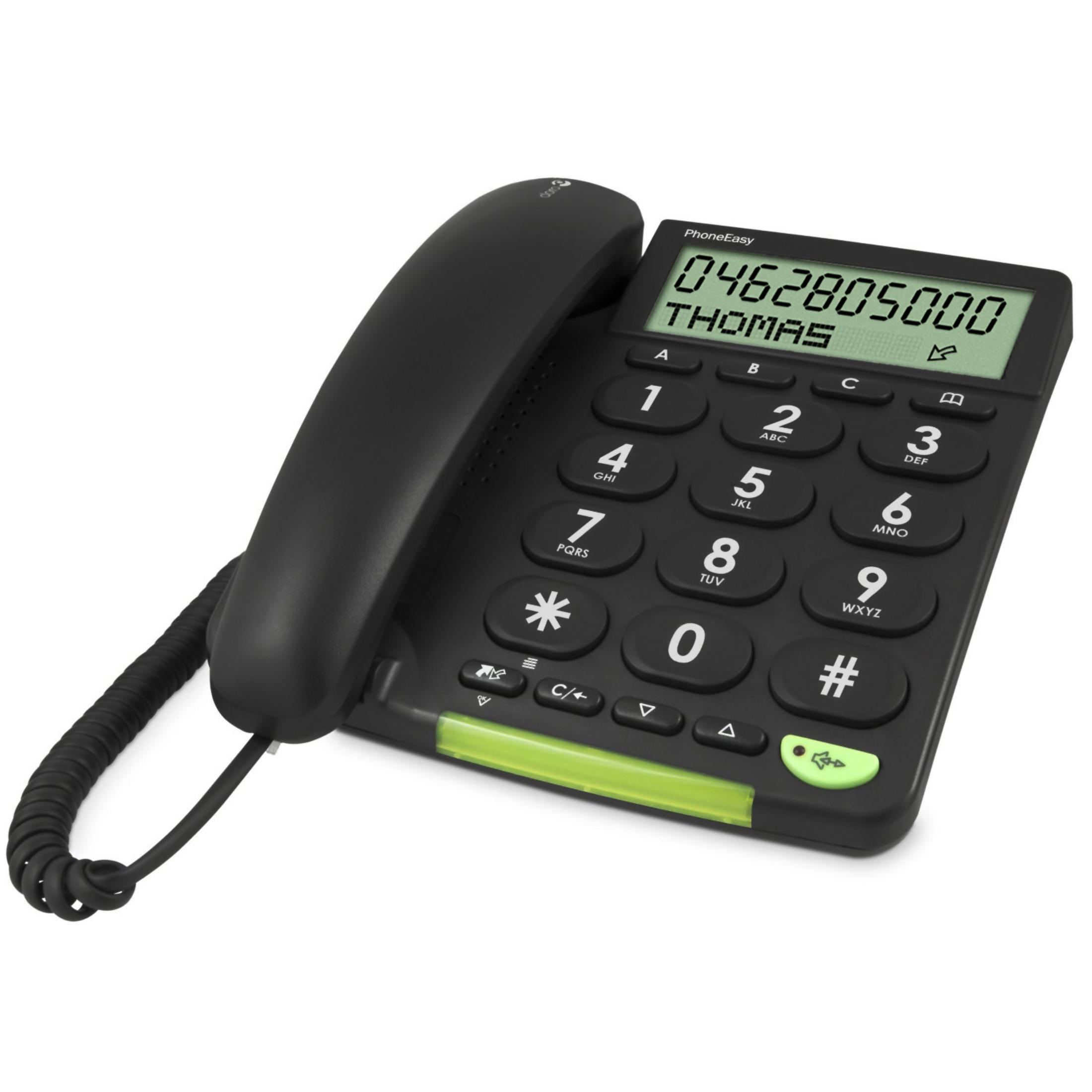 Schwarzes Festnetztelefon mit großen Tasten und Display, das Telefonnummer und Namen anzeigt.