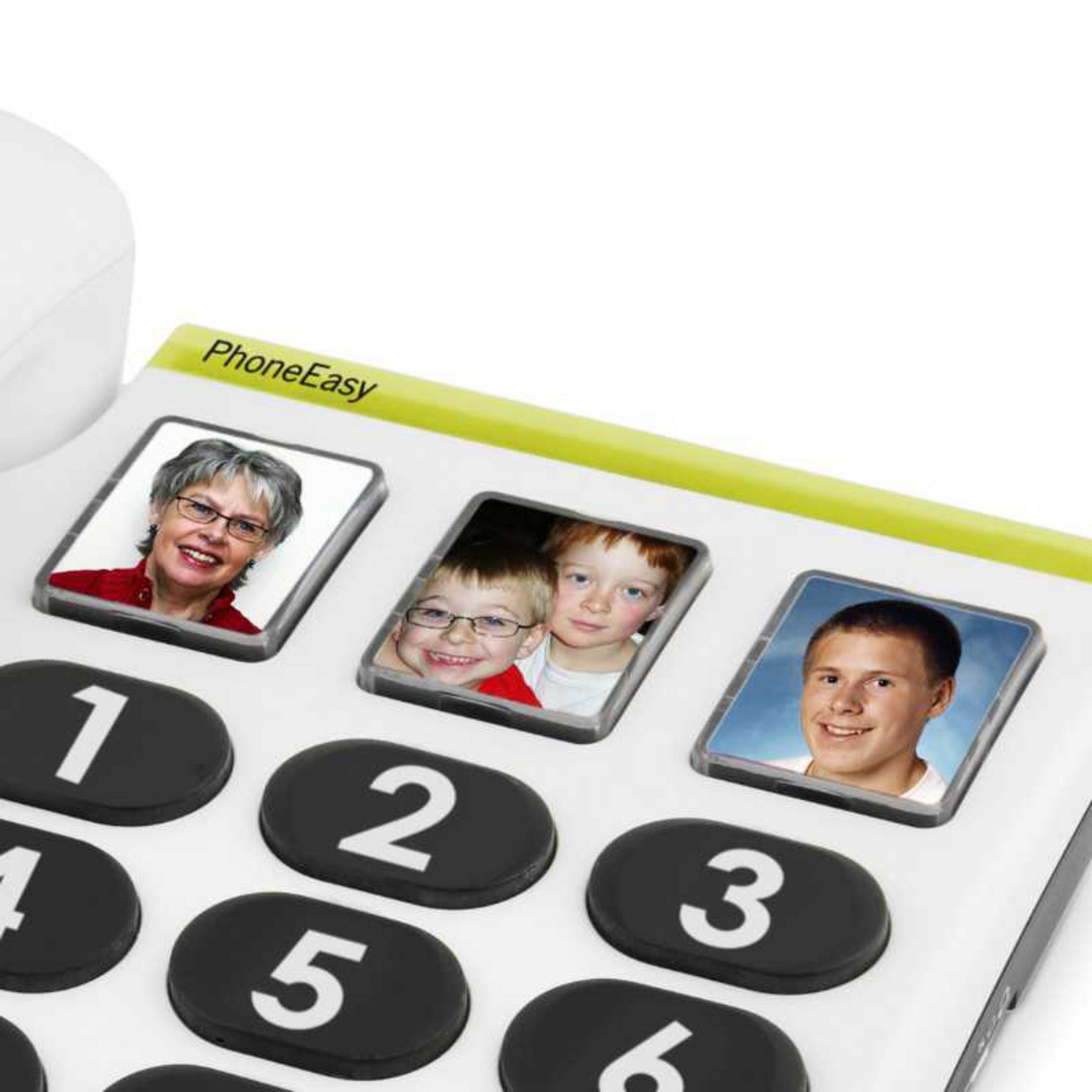 Un telefono con tre foto sui pulsanti numerici. Il telefono è bianco con pulsanti neri.