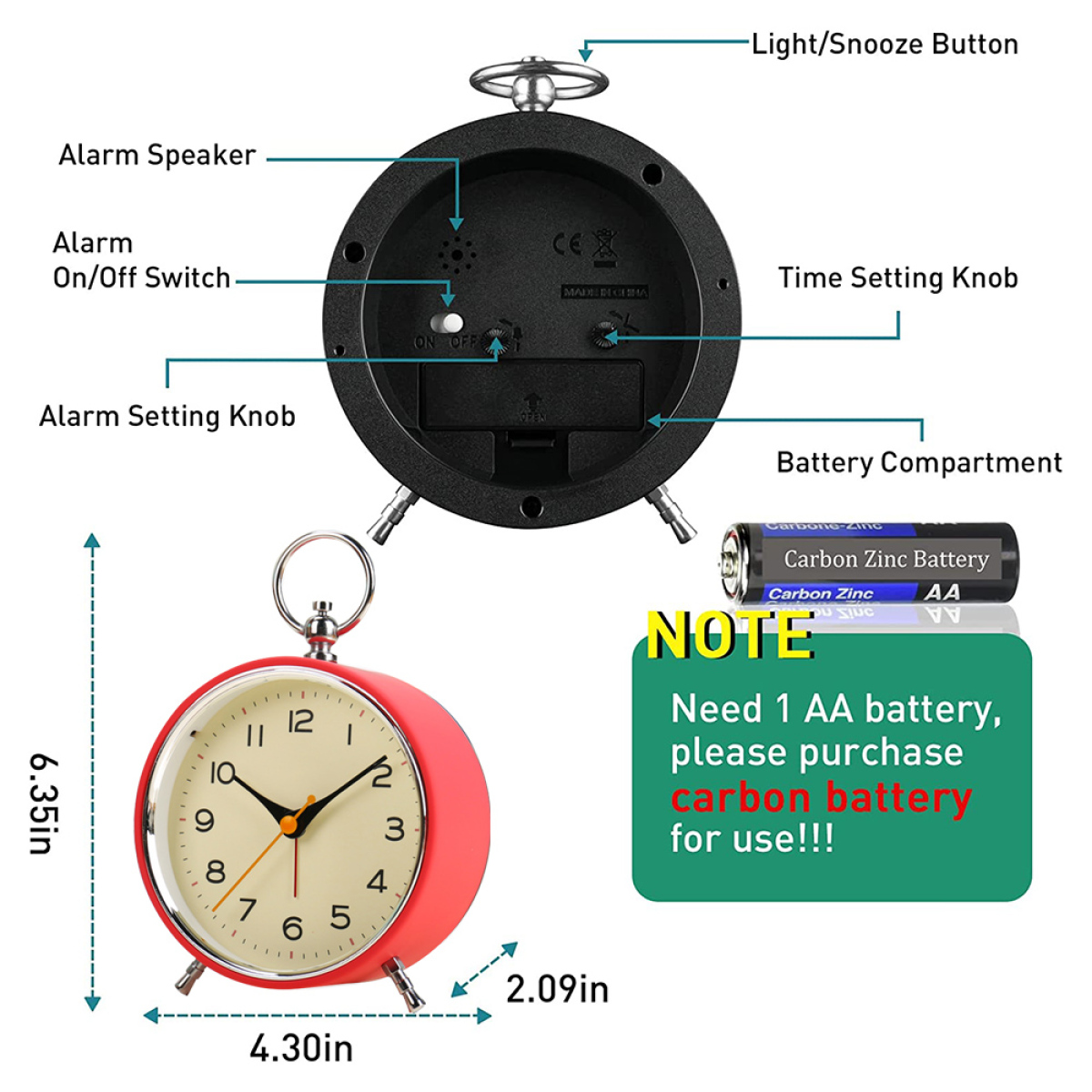 Ein roter Wecker mit schwarzen Details. Zu den Merkmalen gehören ein Alarm-Lautsprecher, ein Zeiteinstellknopf und ein Batteriefach.