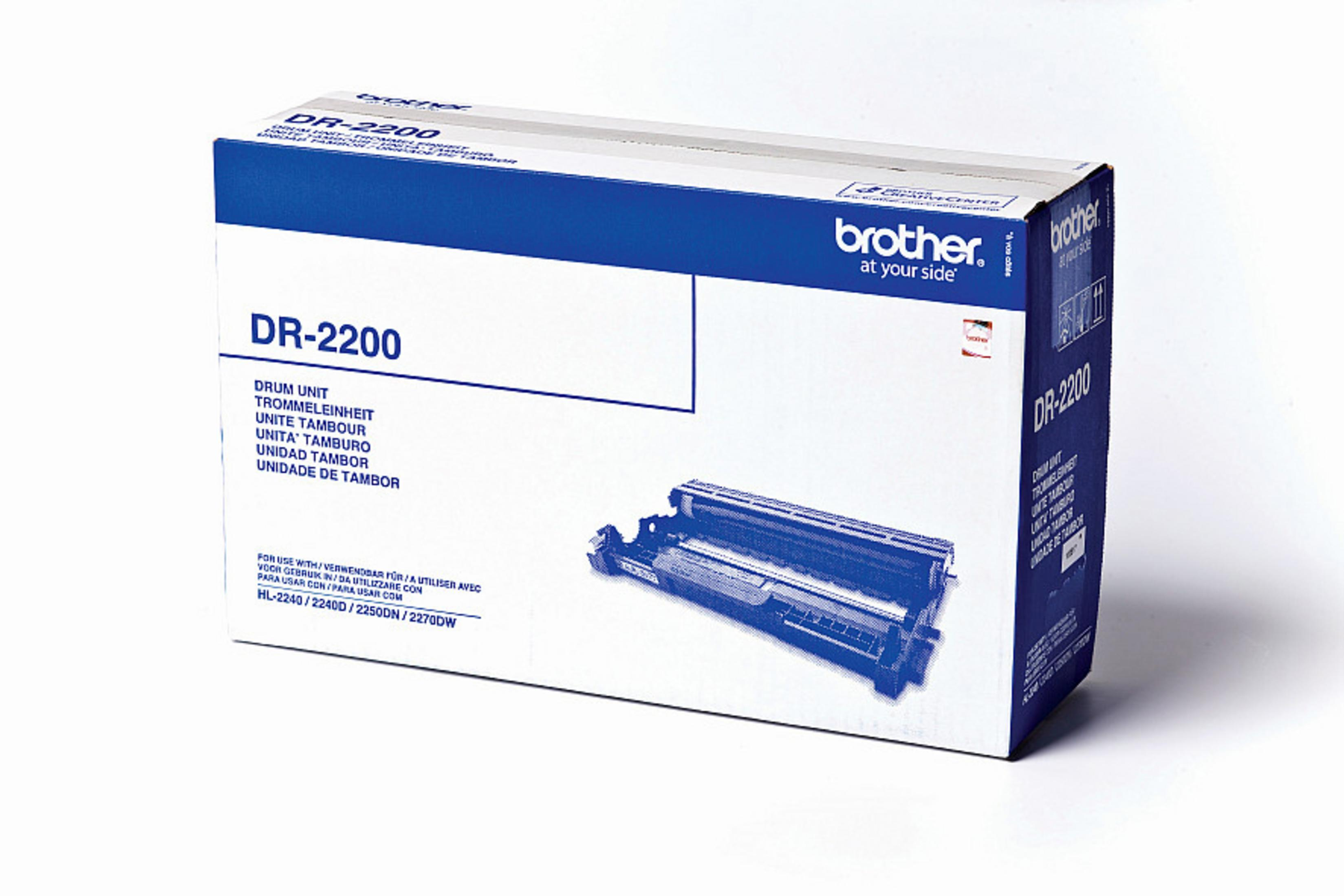 Eine Brother DR-2200 Trommeleinheit-Box und -Einheit. Text in mehreren Sprachen ist vorhanden.
