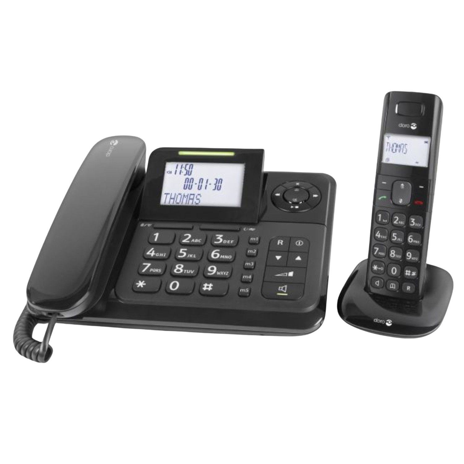 Telefono nero con base e cornetta, e cornetta cordless su sfondo scuro.