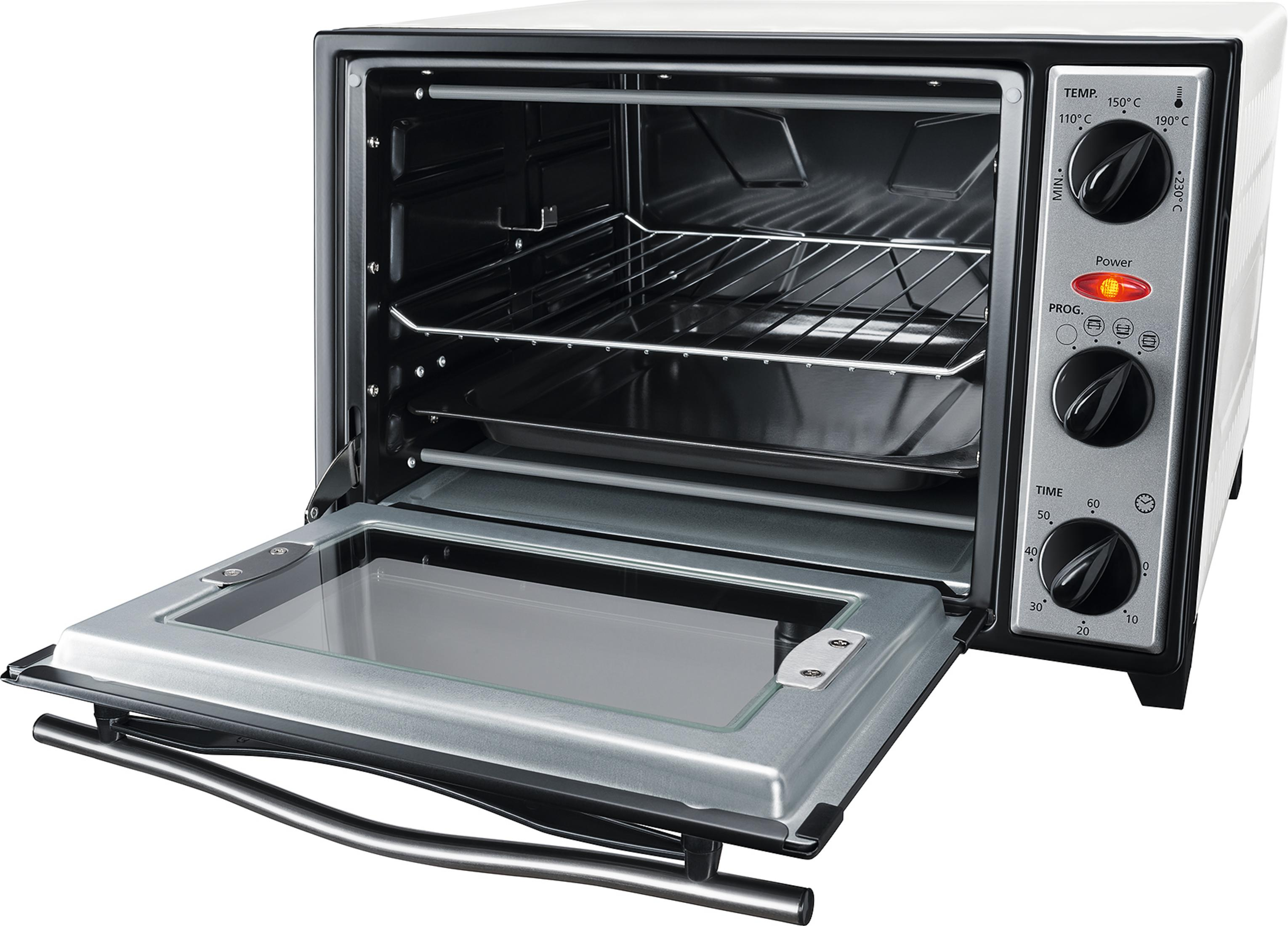 Geöffneter Backofen mit Rost und Tablett, Bedienfeld rechts.